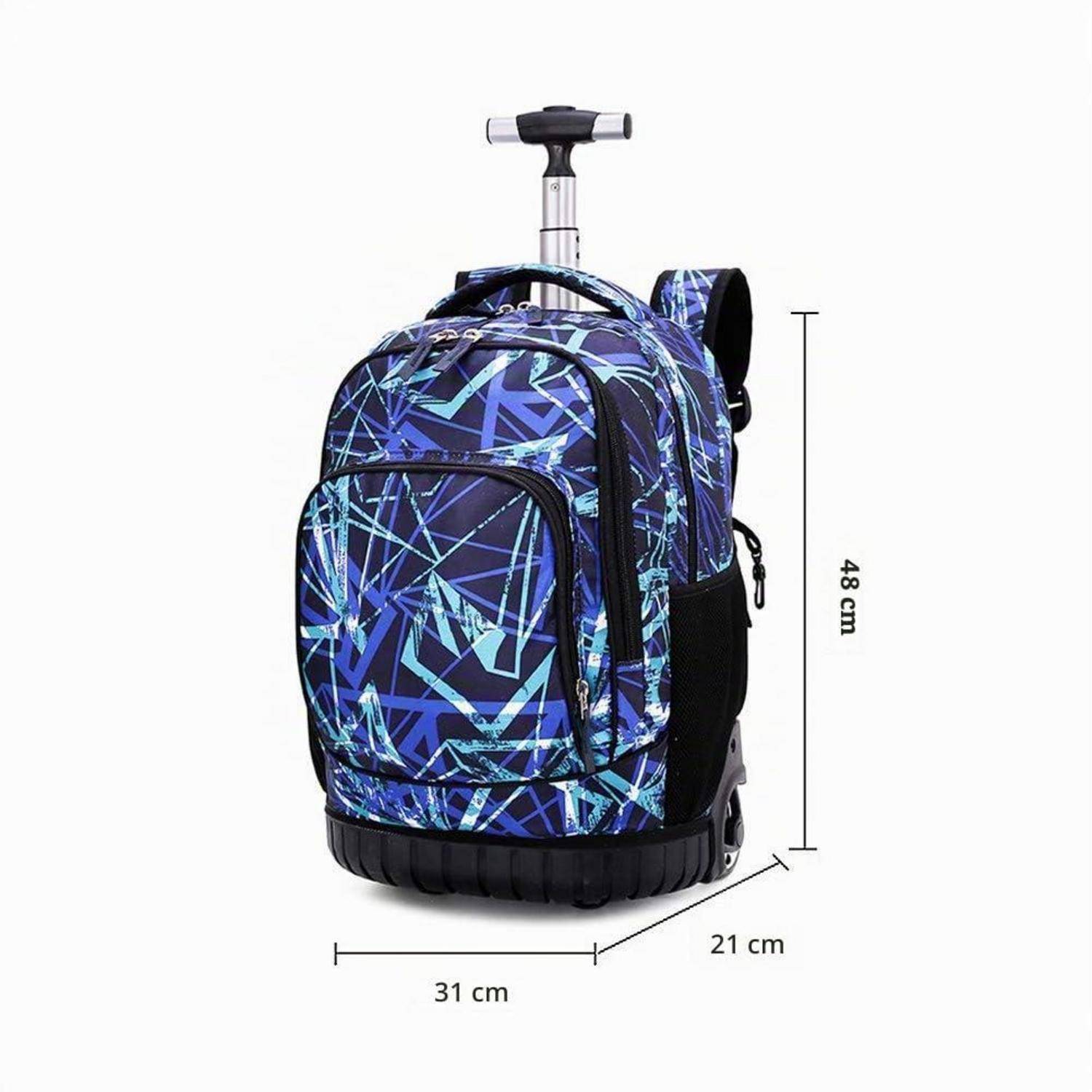 Blauer gemusterter Rollen-Rucksack mit Teleskopgriff, gezeigt mit den Abmessungen 48 cm Höhe, 31 cm Breite und 21 cm Tiefe.