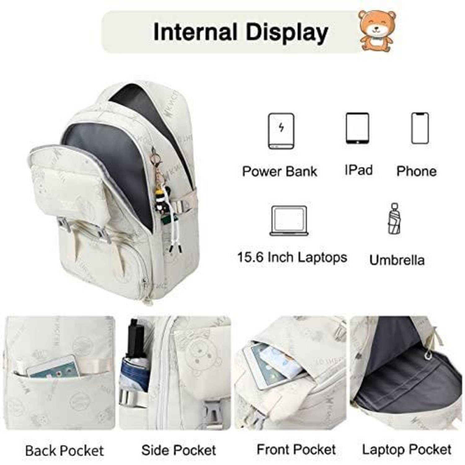 Weißer Rucksack mit interner Anzeige und mehreren Taschen, gezeigt mit Symbolen für Powerbank, iPad, Telefon, 15,6-Zoll-Laptop und Regenschirm.