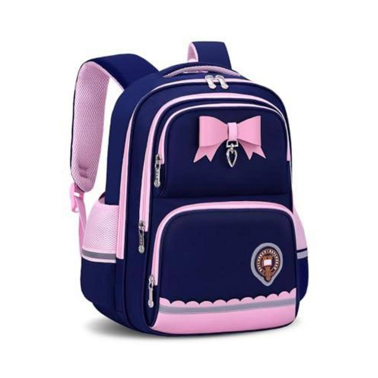 Marineblaue und rosa Schulrucksack mit Schleifendekorationen, Vordertasche und seitlichen Netztaschen auf weißem Hintergrund.