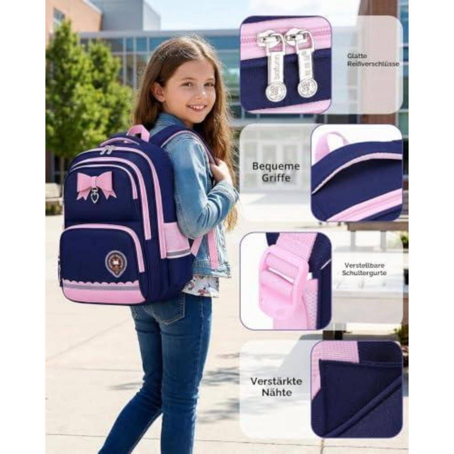 Mädchen mit einem dunkelblau und rosa Schulrucksack, mit Funktionsmerkmalen für sanfte Reißverschlüsse, komfortable Griffe, verstellbare Schultergurte und verstärkte Nähte.