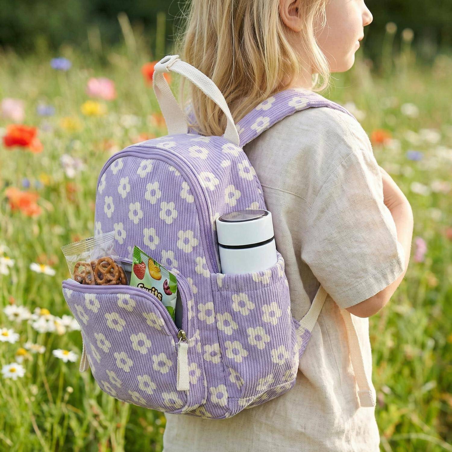 Junges Mädchen draußen auf einer Blumenwiese, das einen lavendelfarbenen Gänseblümchen-Rucksack trägt, mit Snacks und einer Wasserflasche in der Seitentasche.