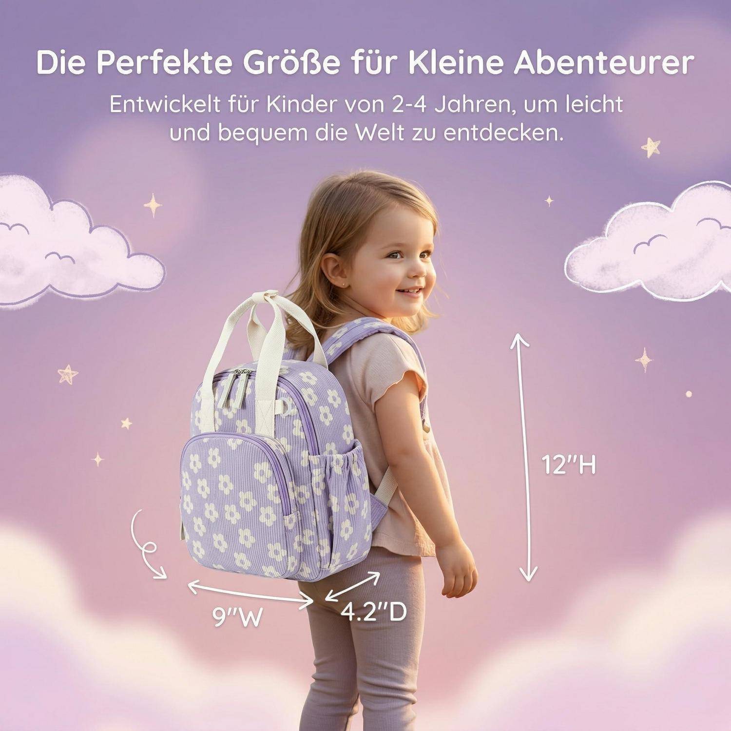Kleines Mädchen mit einem kleinen lavendelfarbenen Rucksack; der Text besagt, dass er die perfekte Größe für Kinder im Alter von 2-4 Jahren ist, mit den Abmessungen 12" H, 9"" B und 4,2"" T.
