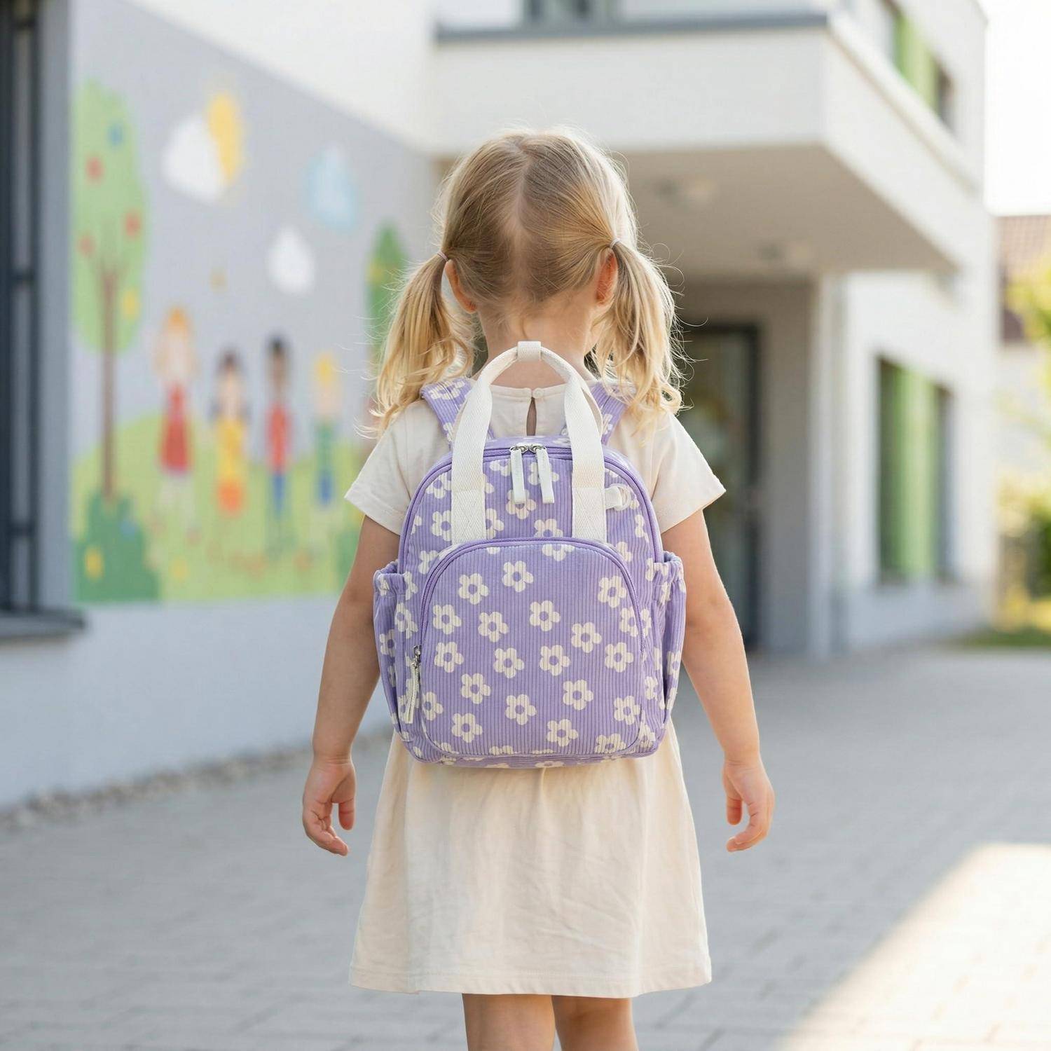 Junges Mädchen mit einem Lavendelrucksack, das vor einem Schulgebäude steht, von hinten betrachtet.