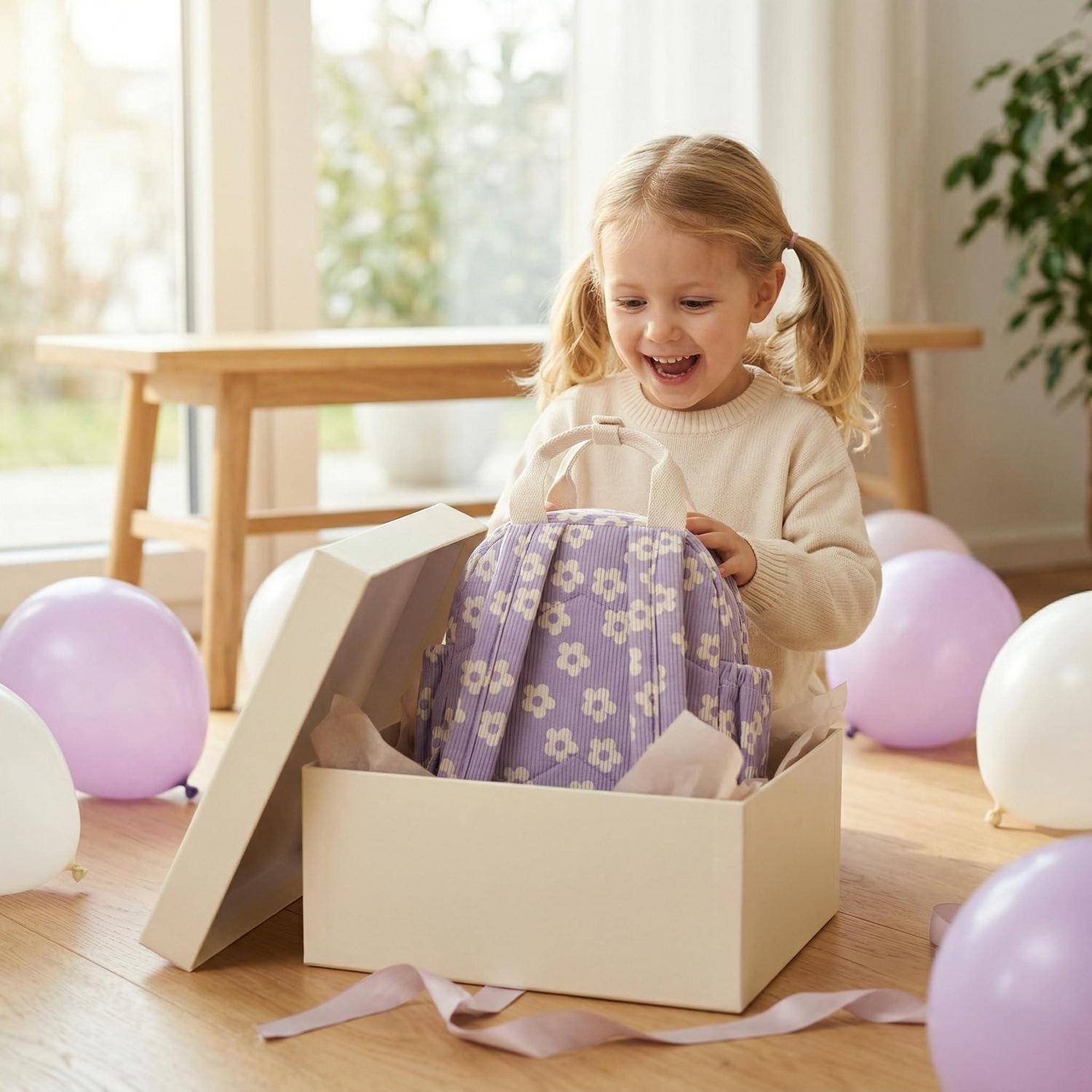 Ein lächelndes junges Mädchen öffnet eine Geschenkbox mit einer violett gemusterten Tasche darin, umgeben von pastellfarbenen Ballons in einem hellen Raum.
