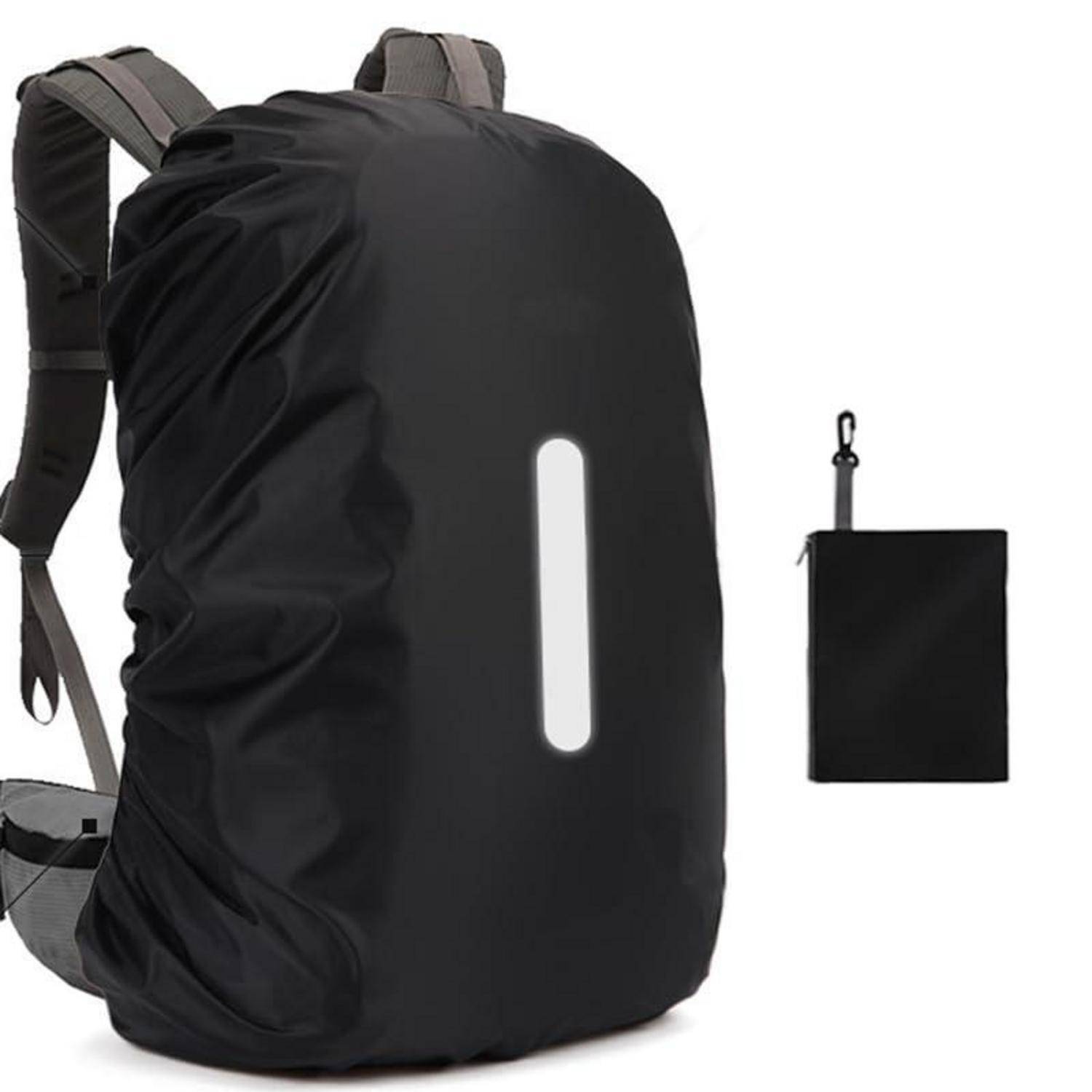 Schwarzer Rucksack-Regenschutz mit reflektierendem Streifen, gezeigt mit einem kleinen passenden Aufbewahrungsbeutel.