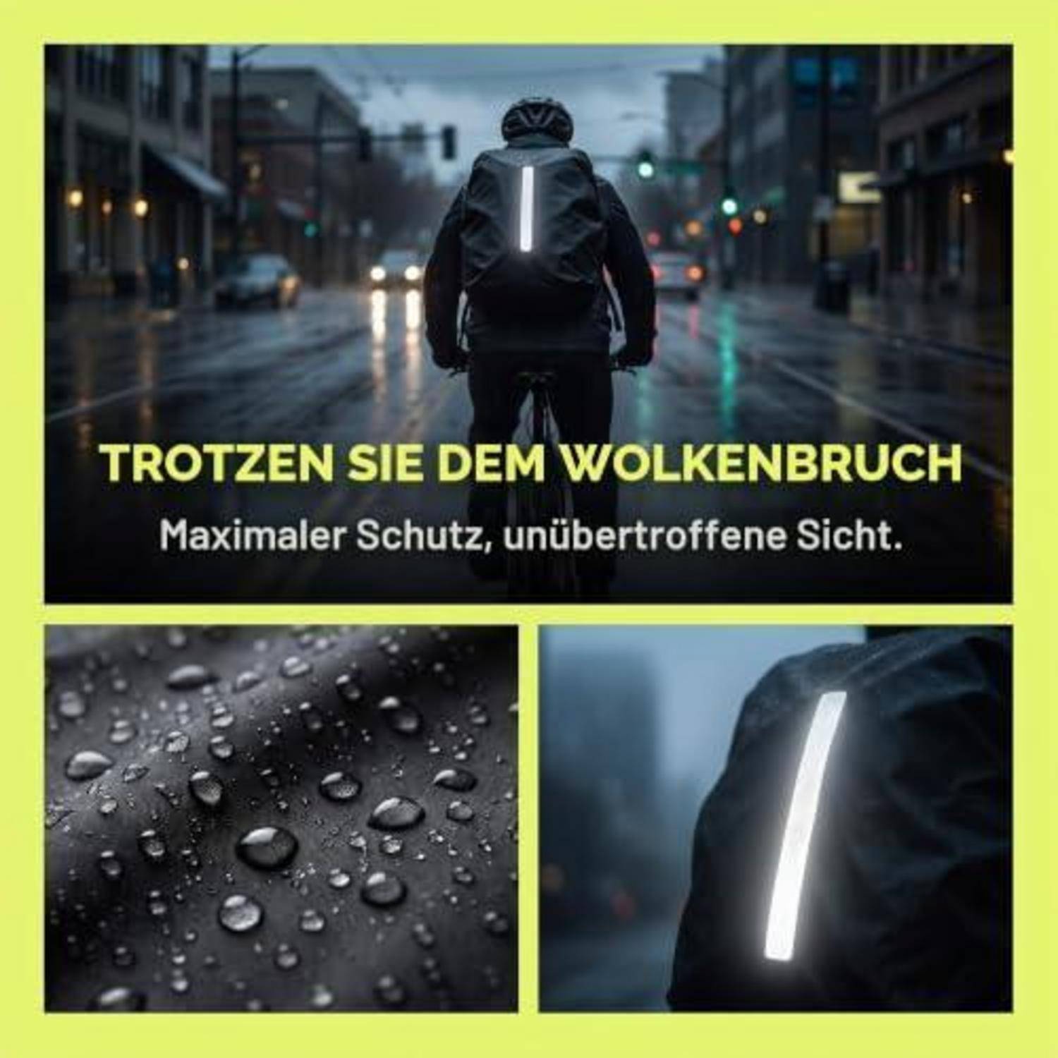 Anzeige mit einem Radfahrer im starken Regen mit reflektierendem Rucksackstreifen; Text sagt „TROTZEN SIE DEM WOLKENBRUCH" und „Maximaler Schutz, unübertroffene Sicht."