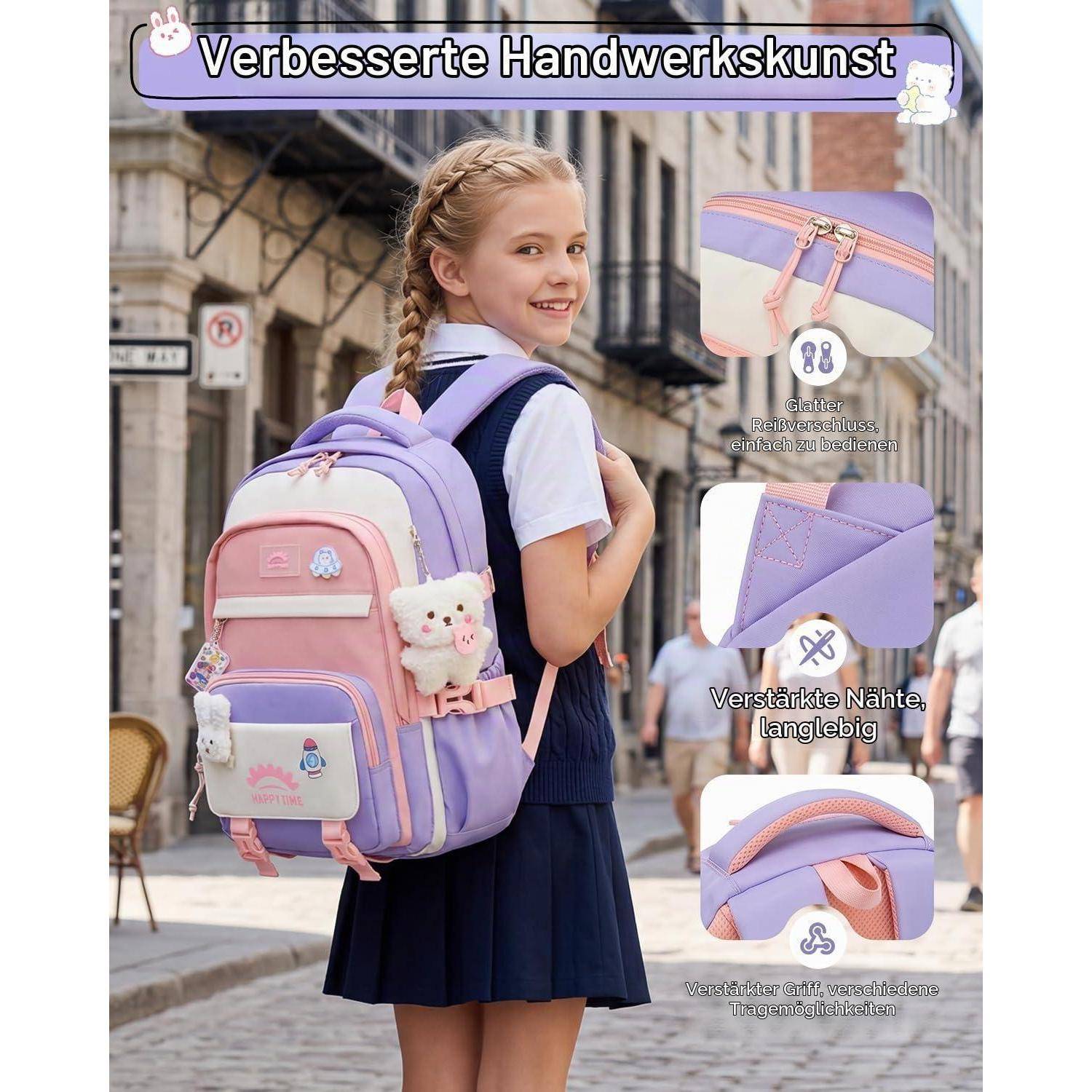 Anzeige für einen lavendel- und rosafarbenen Schulrucksack, der von einem lächelnden Schulmädchen getragen wird, mit Hervorhebung verbesserter Handwerkskunst durch Nahaufnahmen von Reißverschlüssen, verstärkten Nähten und gepolsterten Trägern.