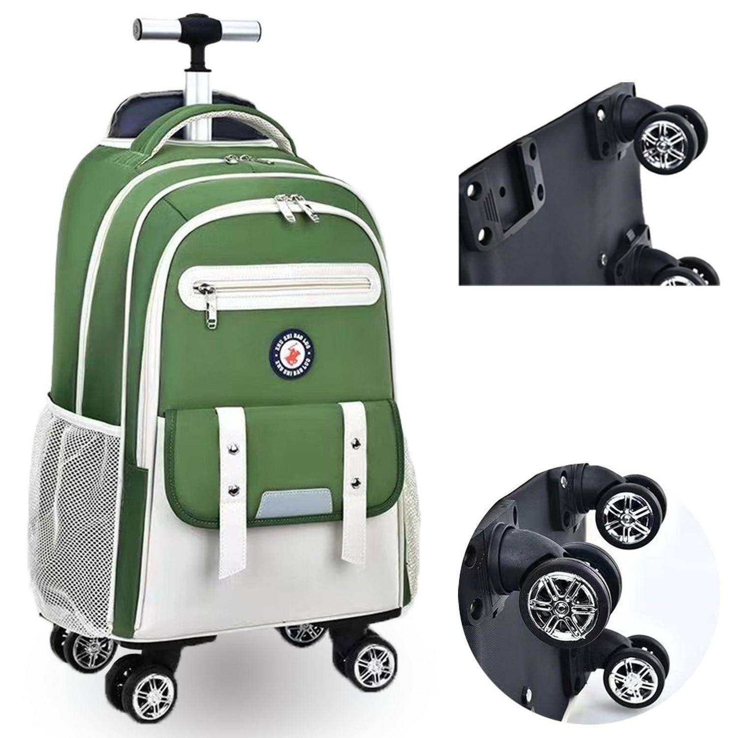 Grüner Rucksack mit Rädern, ausziehbarem Griff und vier drehbaren Rädern, gezeigt mit Nahaufnahmen der Radmontage.