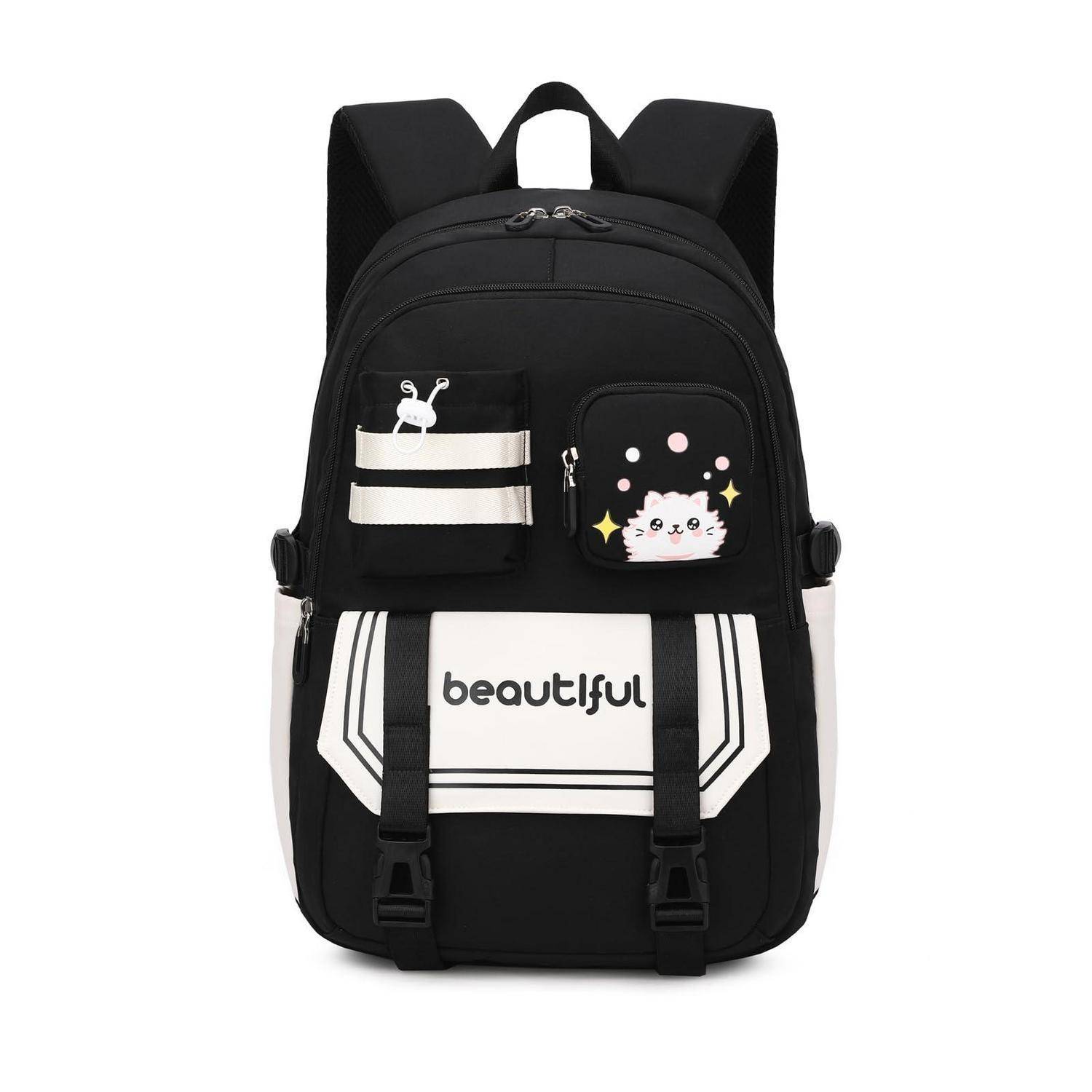 Schwarzer Rucksack mit Cartoon-Katzenpatch, Vordertaschen und bedrucktem 