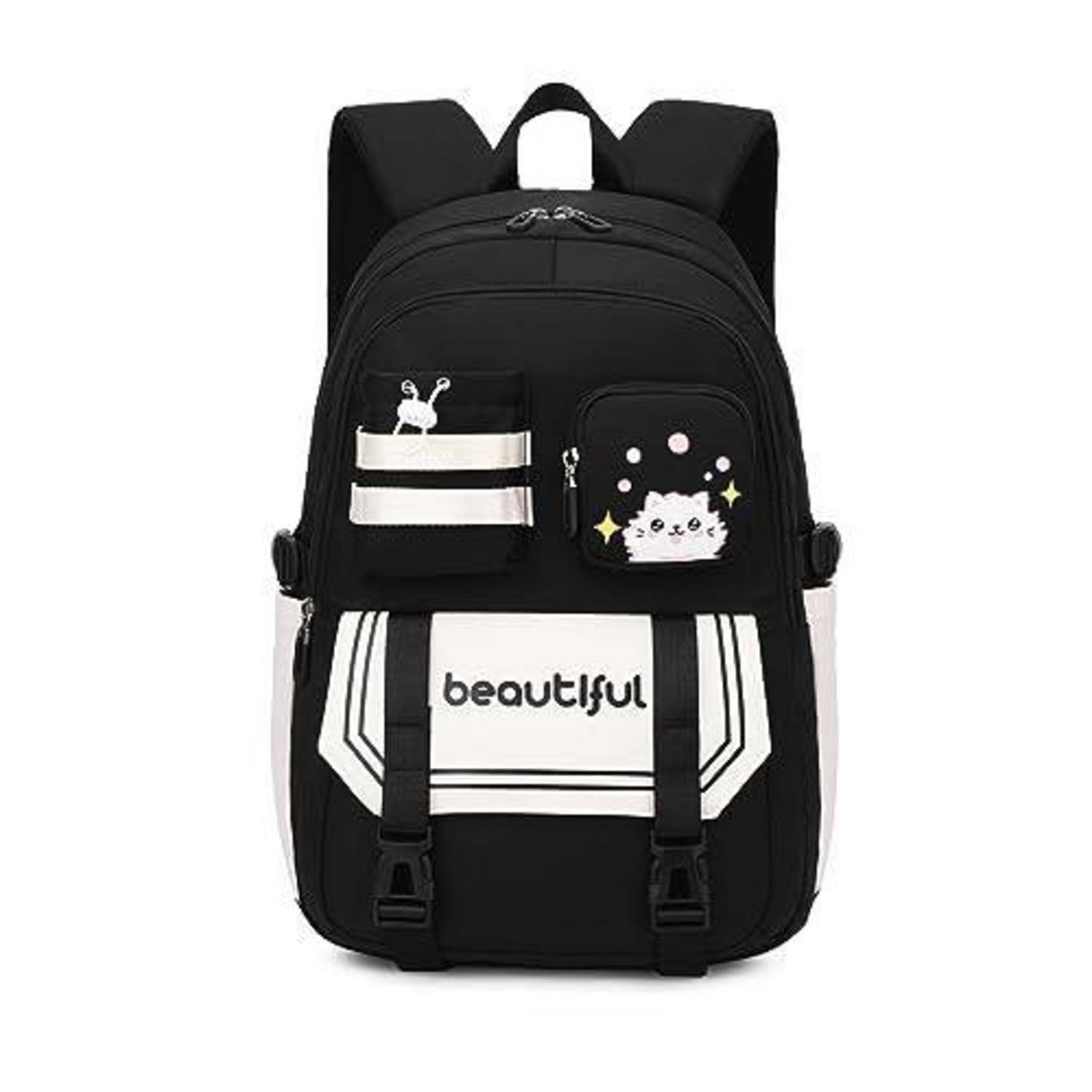 Schwarzer Rucksack mit vorderen Taschen, Cartoon-Katzen-Patch und dem Text „beautiful