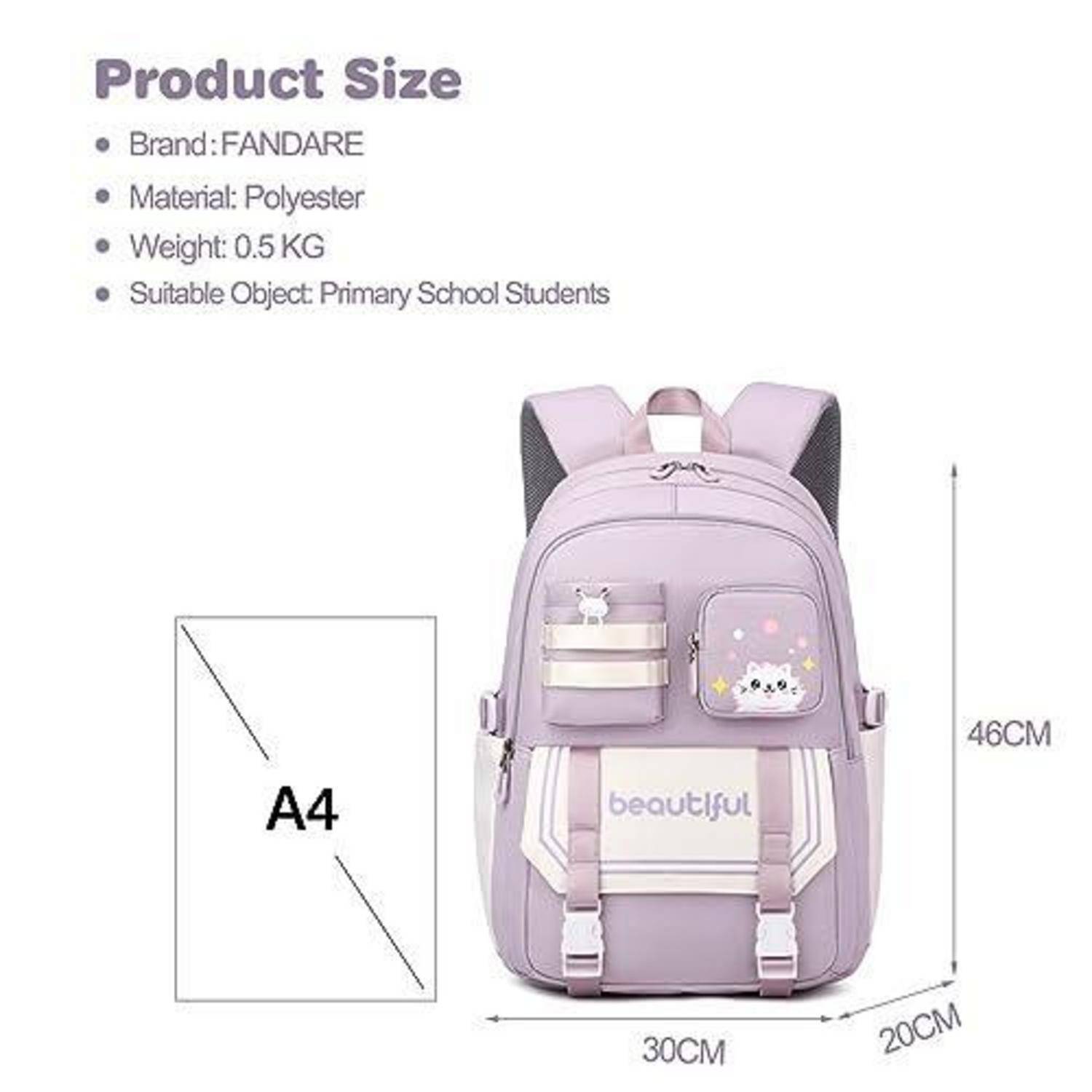 Größentabelle für einen lila Rucksack: Marke FANDARE, Polyester, 0,5 kg, für Grundschüler; Abmessungen 46 x 30 x 20 cm mit A4-Größenvergleich.
