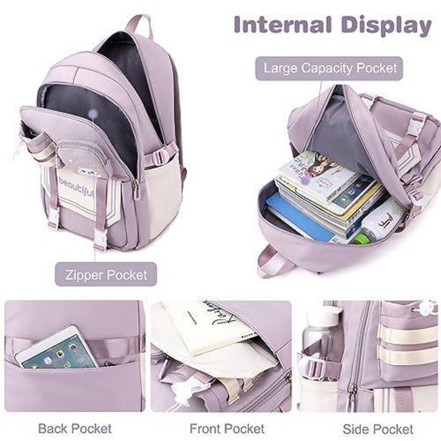 Lavendelfarbener Rucksack mit gekennzeichneten Aufbewahrungsfunktionen: internes Display, Tasche mit großem Fassungsvermögen, Reißverschlusstasche, Rückentasche, Vordertasche und Seitentasche.