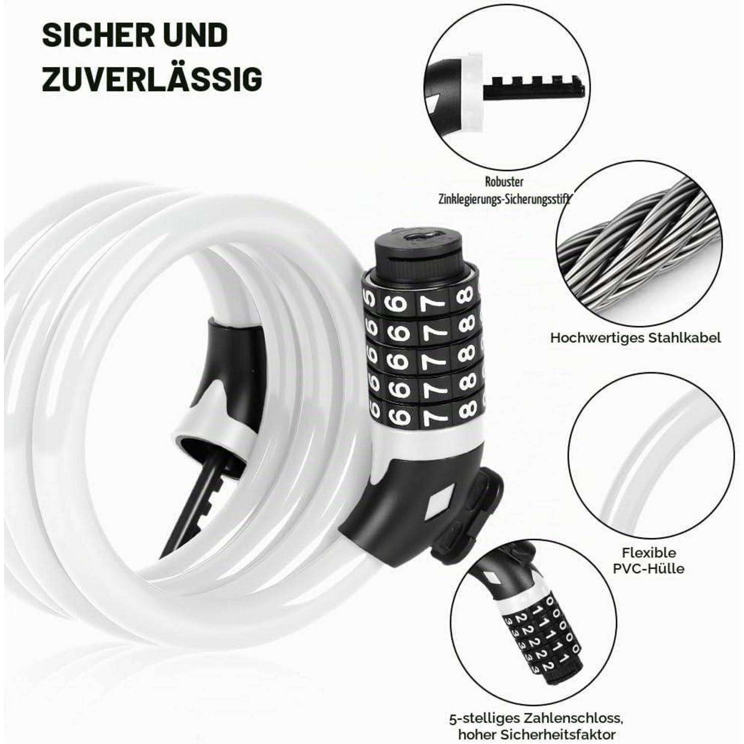 Kombiniertes Fahrradschloss mit aufgerolltem weißem Kabel und 5-stelligem Zahlenschloss, bezeichnet als sicher und zuverlässig, zeigt Stahlkabel, PVC-Ummantelung und Zinklegierungs-Schlossstift.