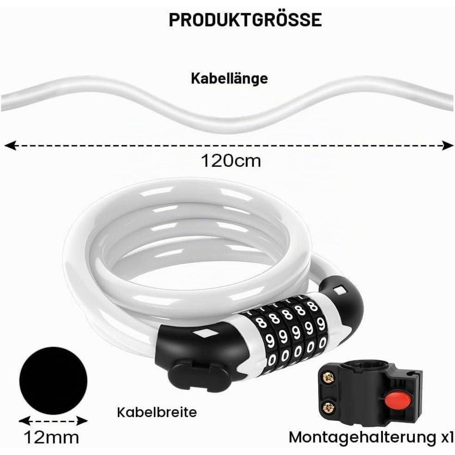 Produktgrößendiagramm mit einer Kabellänge von 120 cm und einer Kabelbreite von 12 mm sowie einer Montageklammer.