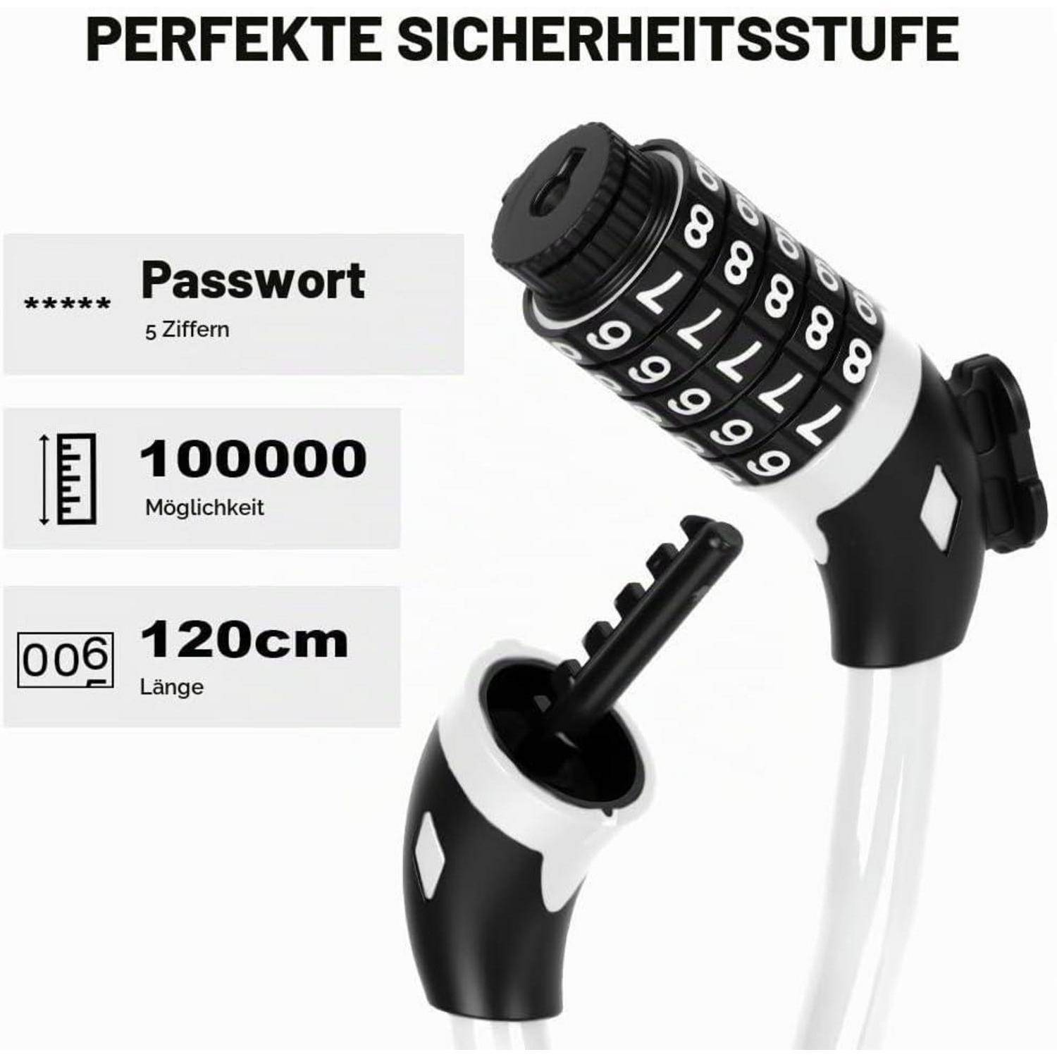 Werbegrafiketikette für ein Kabelschloss mit Kombinationswählern, mit der Bezeichnung „PERFEKTE SICHERHEITSSTUFE