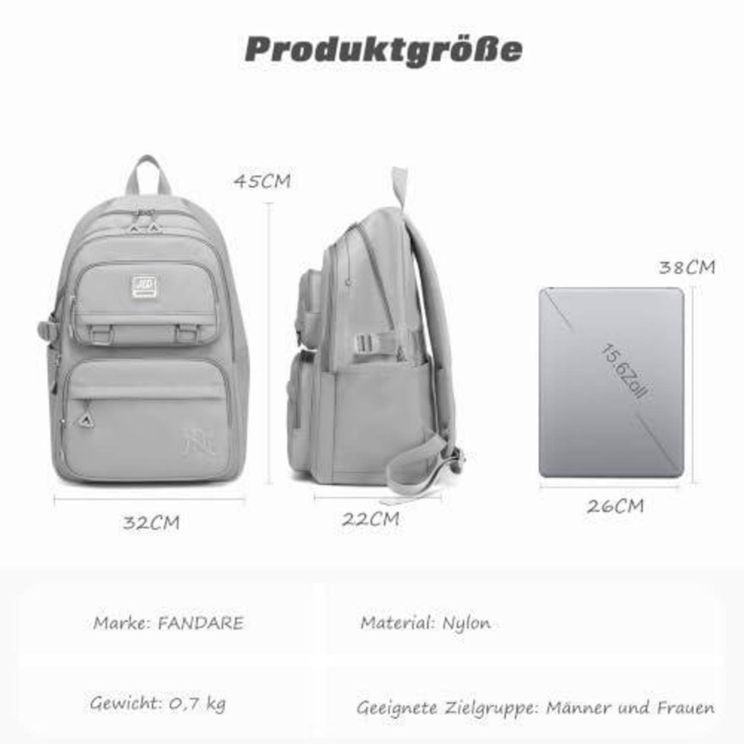 Größentabelle für einen grauen Rucksack: 45 cm hoch, 32 cm breit, 22 cm tief; passt für einen 15,6-Zoll-Laptop; Nylon, 0,7 kg, für Männer und Frauen.