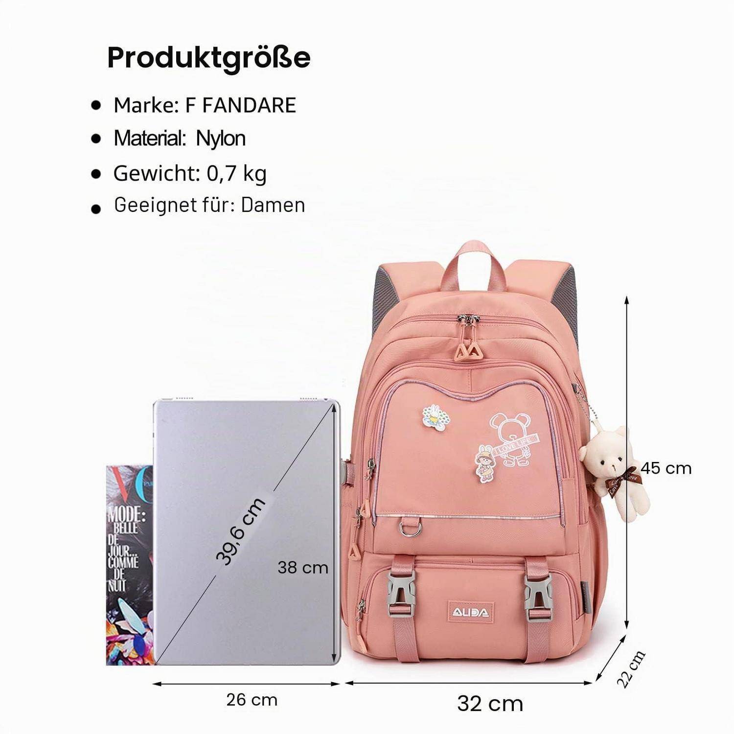 Pink FANDARE Damen-Nylonrucksack mit Teddy-Anhänger; Produktgröße wie angegeben 45 cm hoch, 32 cm breit, 22 cm tief, 0,7 kg.