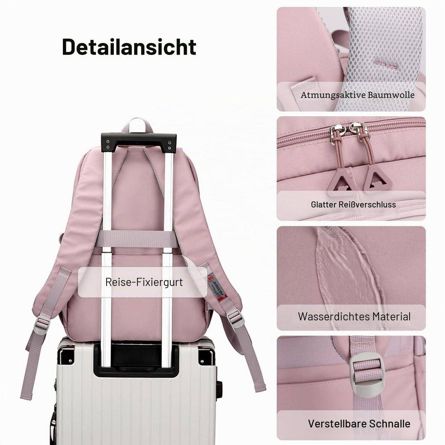 Rosa Rucksack auf einem Koffer mit einem Reise-Befestigungsgurt; eingesetzte Nahaufnahmen zeigen atmungsaktive Baumwolle, glatter Reißverschluss, wasserdichtes Material und verstellbarer Schnallenverschluss.