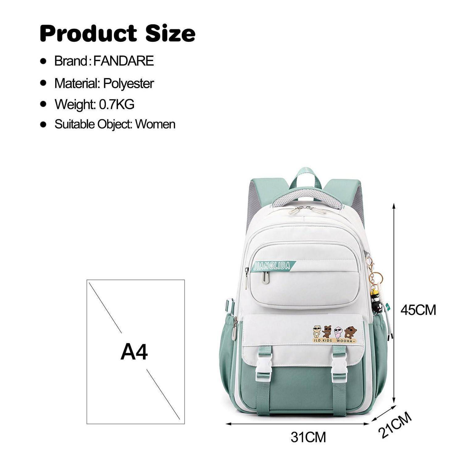 Produktgrößengrafik für einen FANDARE Damen-Polyester-Rucksack: 45 cm hoch, 31 cm breit, 21 cm tief, 0,7 kg; dargestellt mit A4-Papier als Größenvergleich.