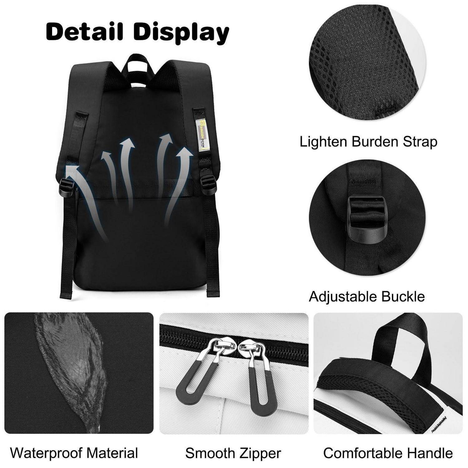 Produktdetailanzeige eines schwarzen Rucksacks mit Hervorhebung der atmungsaktiven Rückenstütze, des lastreduzierenden Schultergurts, des verstellbaren Verschlusses, des wasserdichten Materials, des sanften Reißverschlusses und des komfortablen Griffs.