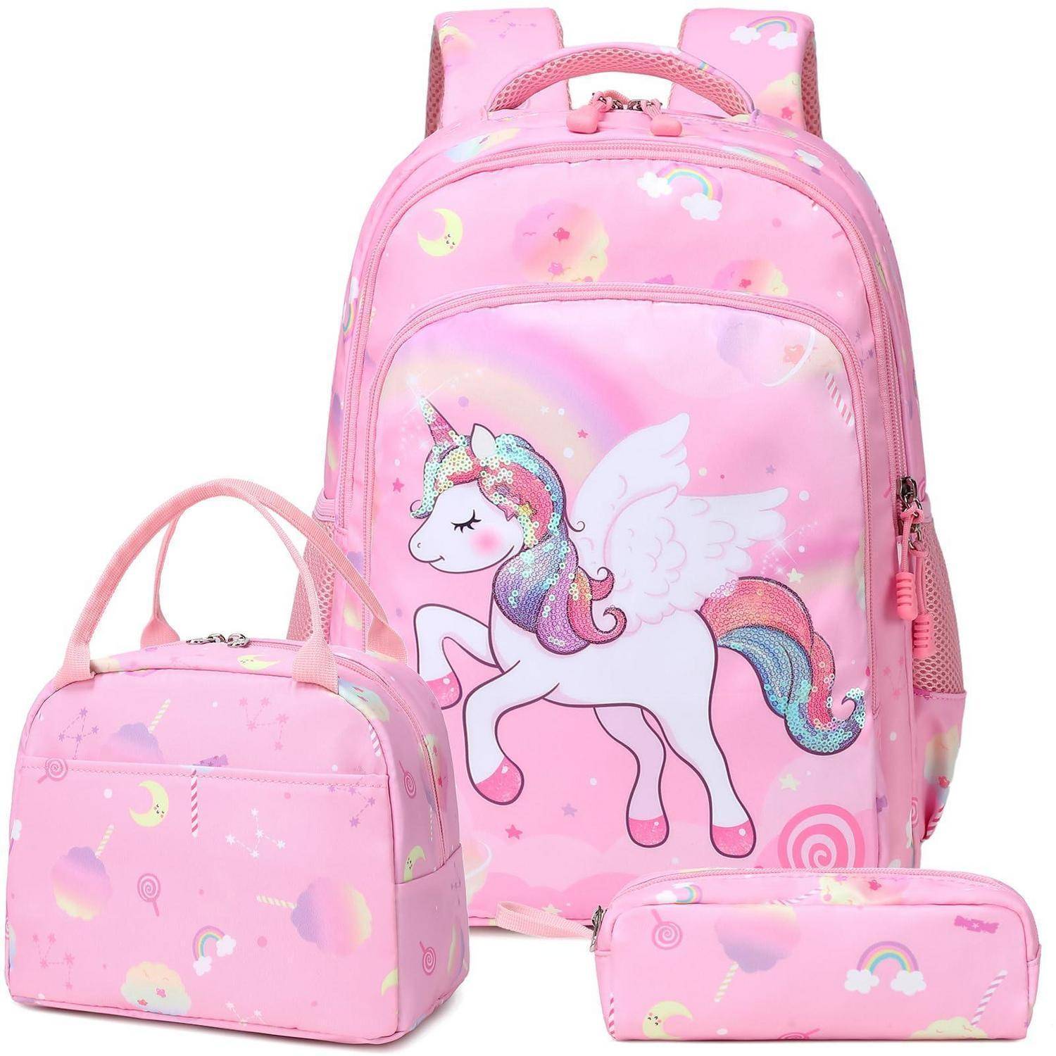 Rosa Einhorn-Schulrucksack-Set mit passendem Lunch-Behälter und Federmäppchen, mit Regenbogen- und Wolkendrucken.