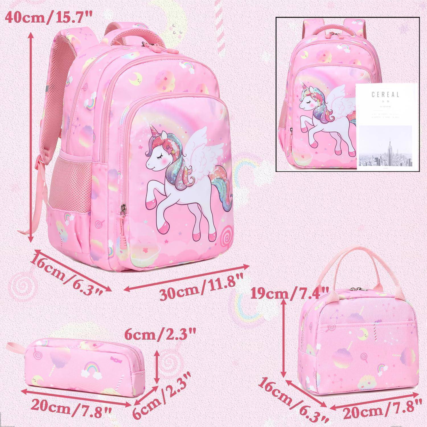 Rosa Einhorn-Kinderrucksack-Set mit passendem Etui, gezeigt mit Größenmessungen: Rucksack 40 cm hoch, 30 cm breit, 16 cm tief; Tasche 19 cm hoch, 20 cm breit, 16 cm tief; Etui 20 cm mal 6 cm mal 6 cm.