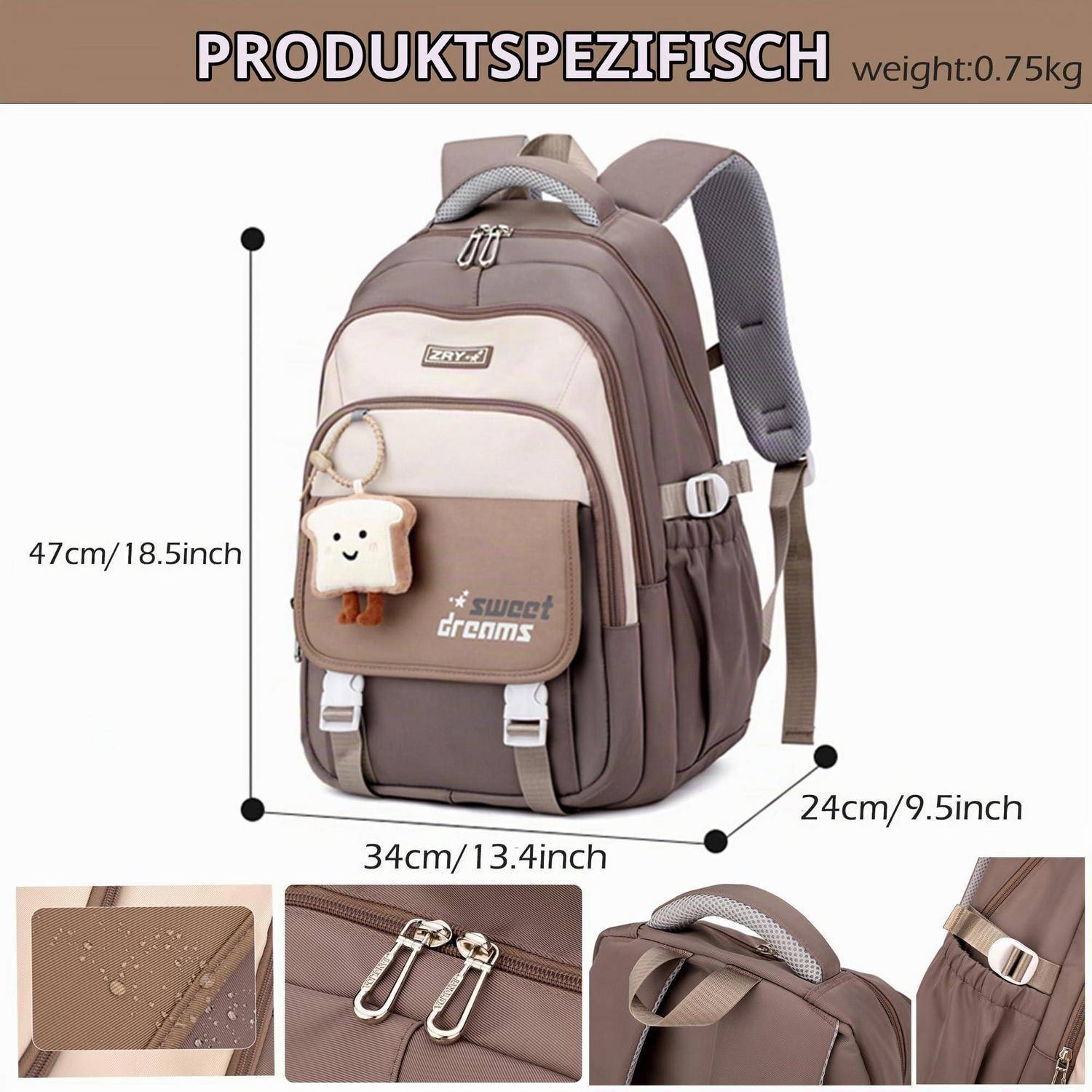 Braun und beige Rucksack mit Vordertasche und Seitengurten, gezeigt mit den Abmessungen 47 cm Höhe, 34 cm Breite, 24 cm Tiefe und Gewicht 0,75 kg.