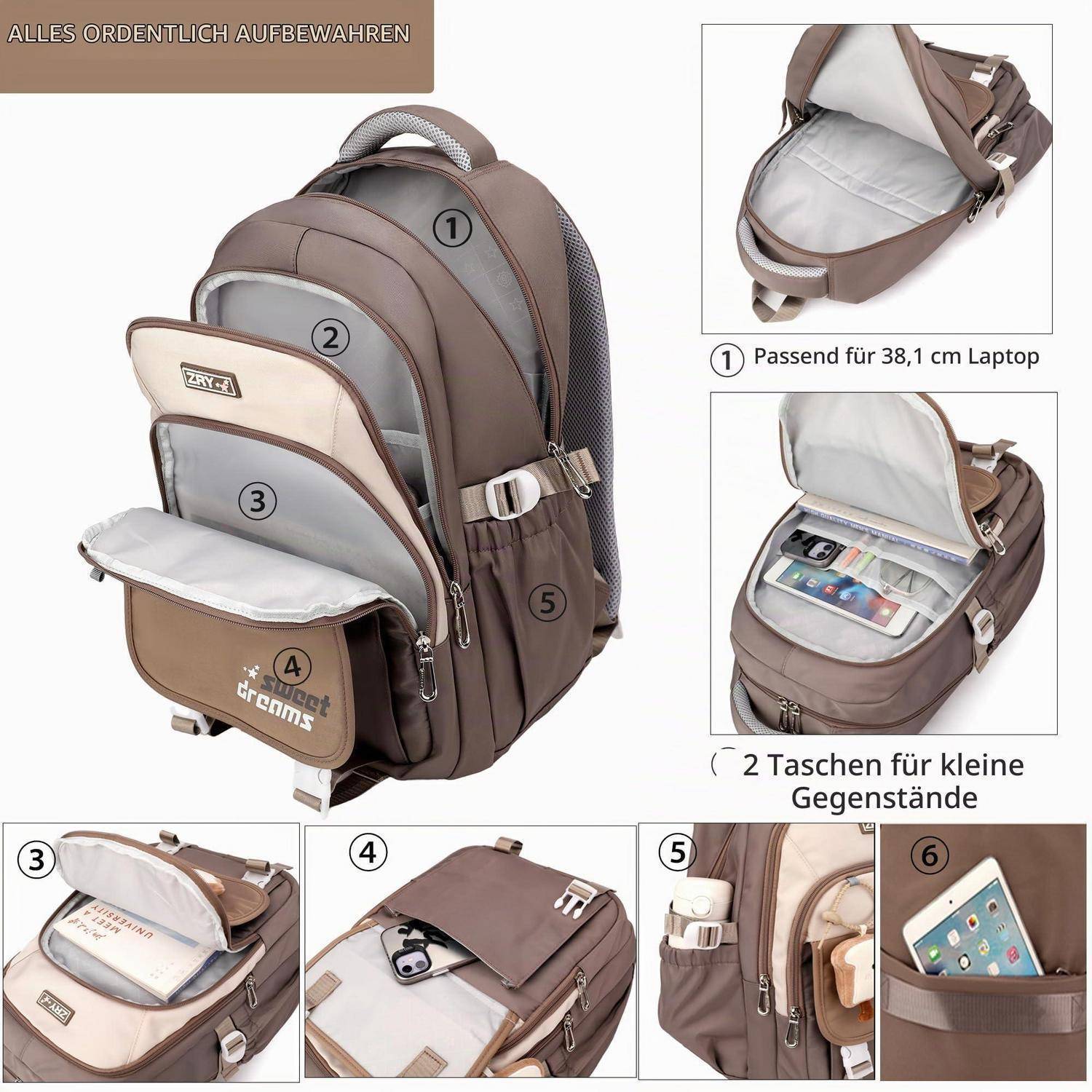 Annotierter brauner Rucksack mit mehreren Taschen und Fächern, einschließlich eines Laptop-Fachs für 38,1 cm und Taschen für kleine Gegenstände.