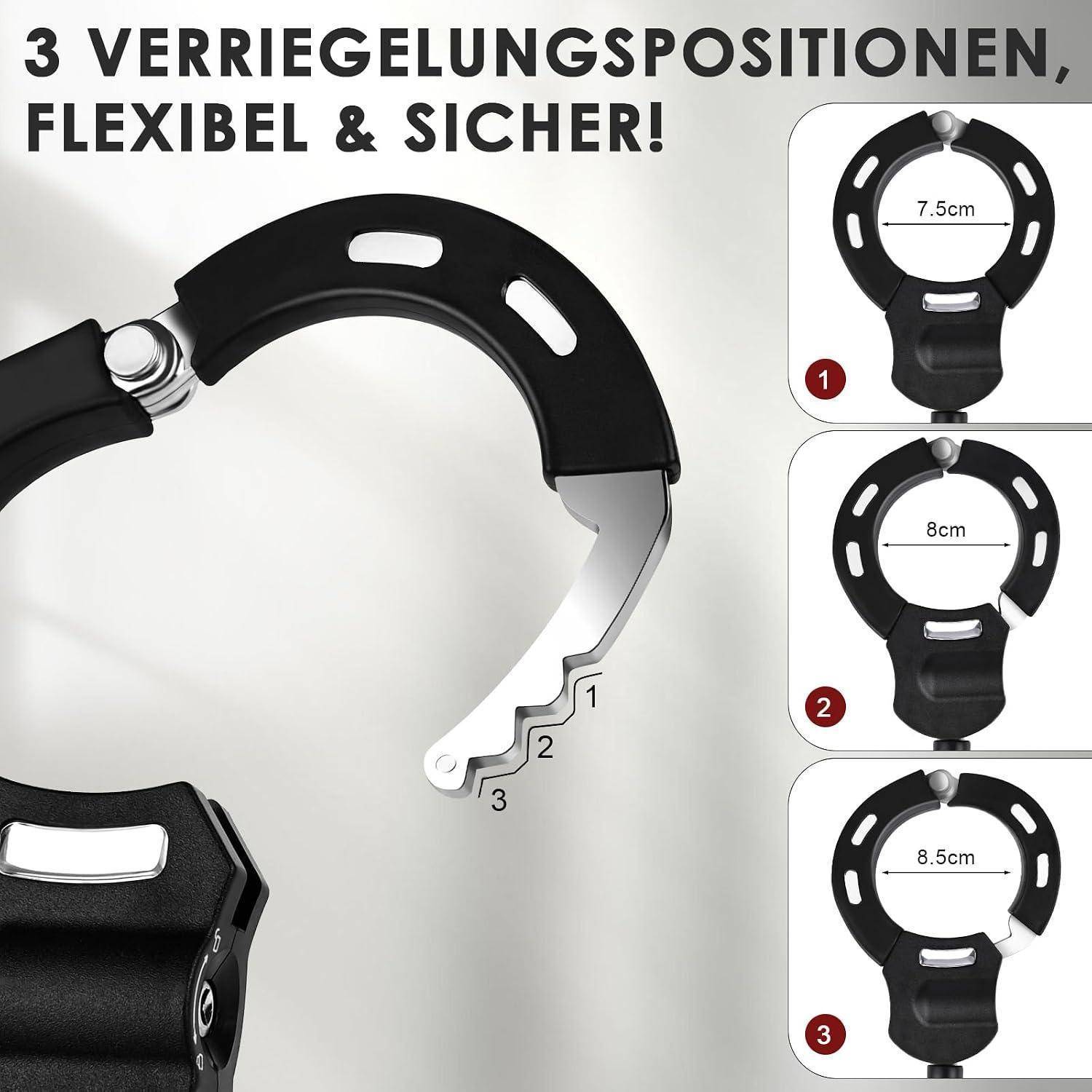 Produktgrafik einer flexiblen Spannklemme mit drei einstellbaren Sperrpositionen mit den Bezeichnungen 1, 2 und 3; die rechte Seite zeigt die Größen 7,5 cm, 8 cm und 8,5 cm.