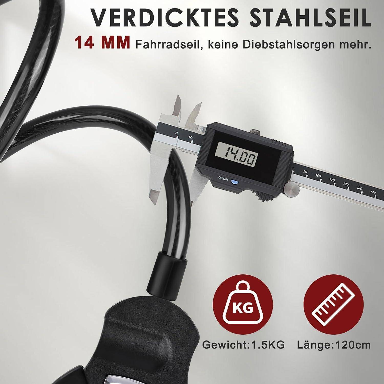 Fahrradschloss-Kabel 14 mm, gemessen bei 14,00 mm, mit Symbolen für 1,5 kg Gewicht und 120 cm Länge.