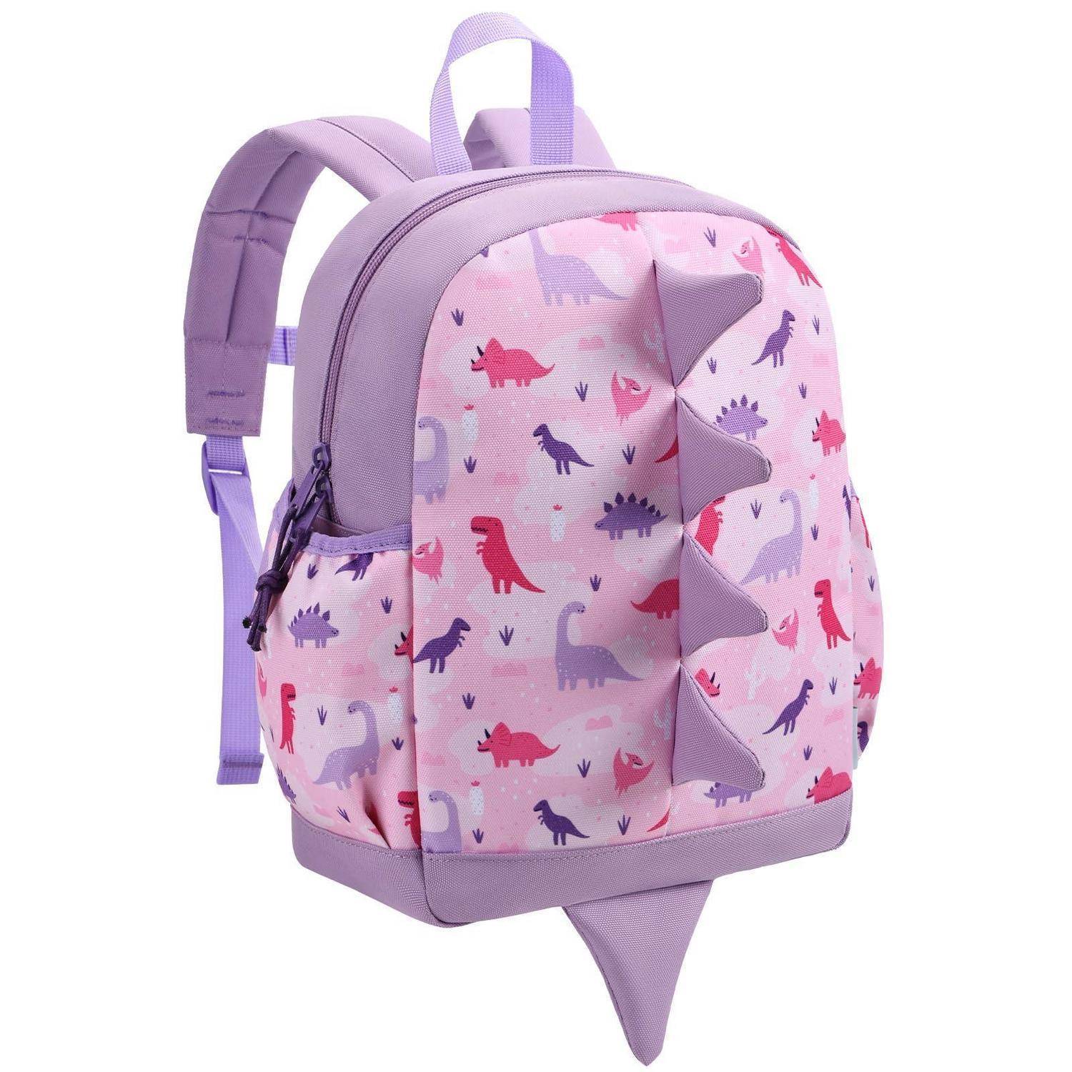 Rucksack für Kinder in Lavendelfarbe mit rosa Dinosaurier-Print und violetten Stacheln, auf weißem Hintergrund abgebildet.