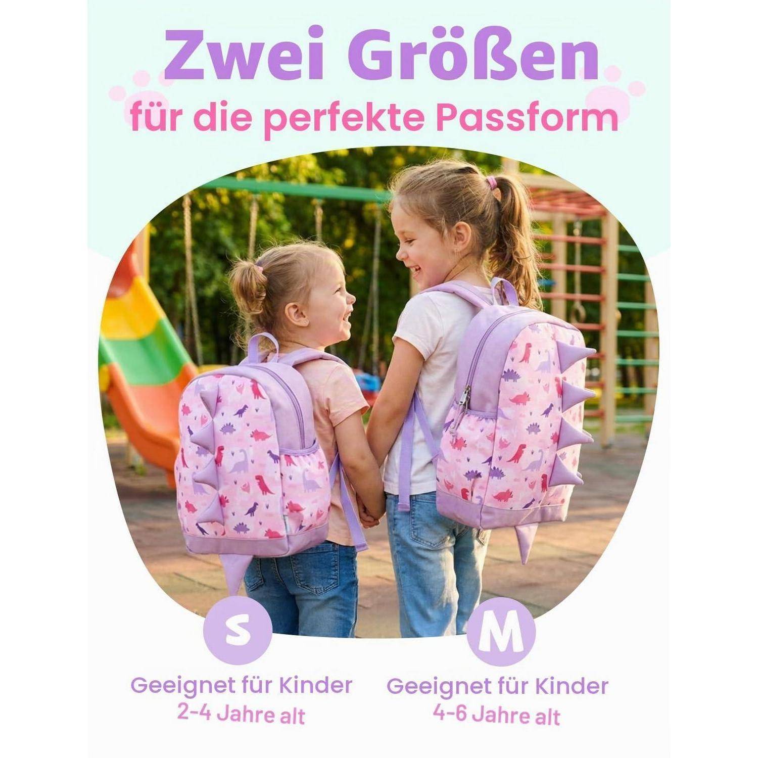 Werbebild von zwei Kindern, die rosa Rucksäcke tragen, gekennzeichnet mit „S" für Alter 2-4 und „M"" für Alter 4-6, mit dem Text „Zwei Größen für die perfekte Passform"".