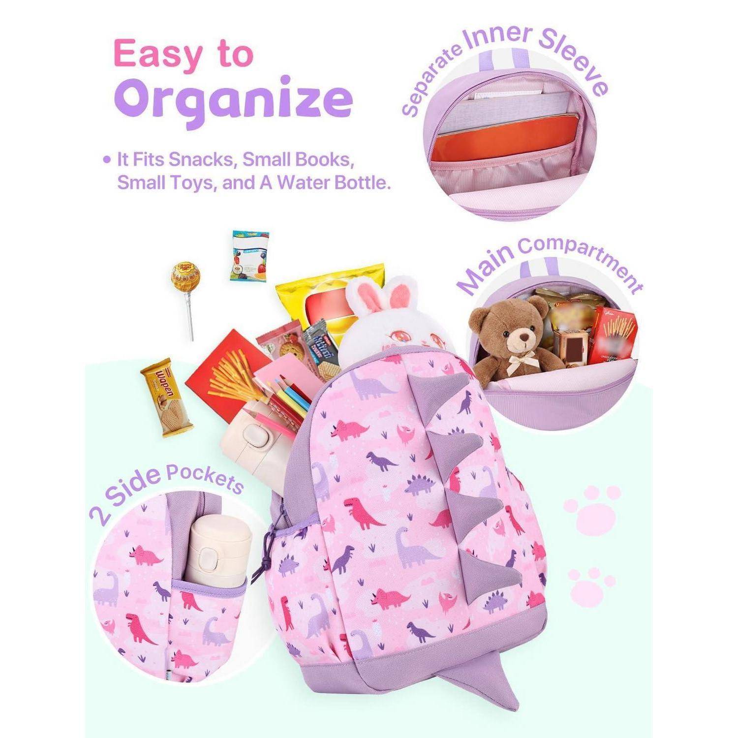 Rosa Dinosaurier-Druck-Rucksack, leicht zu organisieren, mit separatem Innenfach, Hauptfach und zwei Seitentaschen für Snacks, Bücher, Spielzeug und eine Wasserflasche.