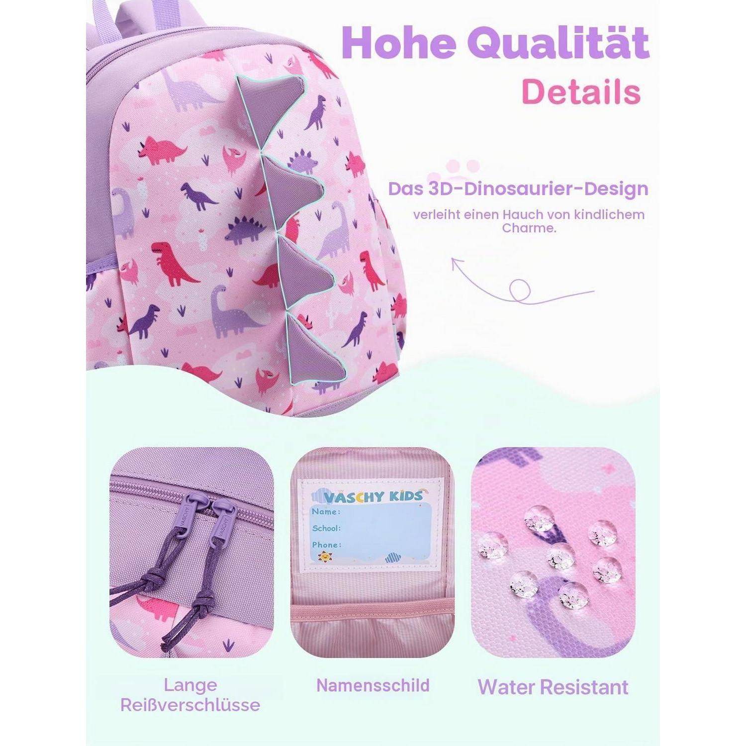 Rosa Kinder-Rucksack mit Dinosaurier-Print und 3D-Flossen-Details, dargestellt als wasserdicht mit langen Reißverschlüssen und einer Namensschildtasche; deutscher Text hebt die Qualität hervor.