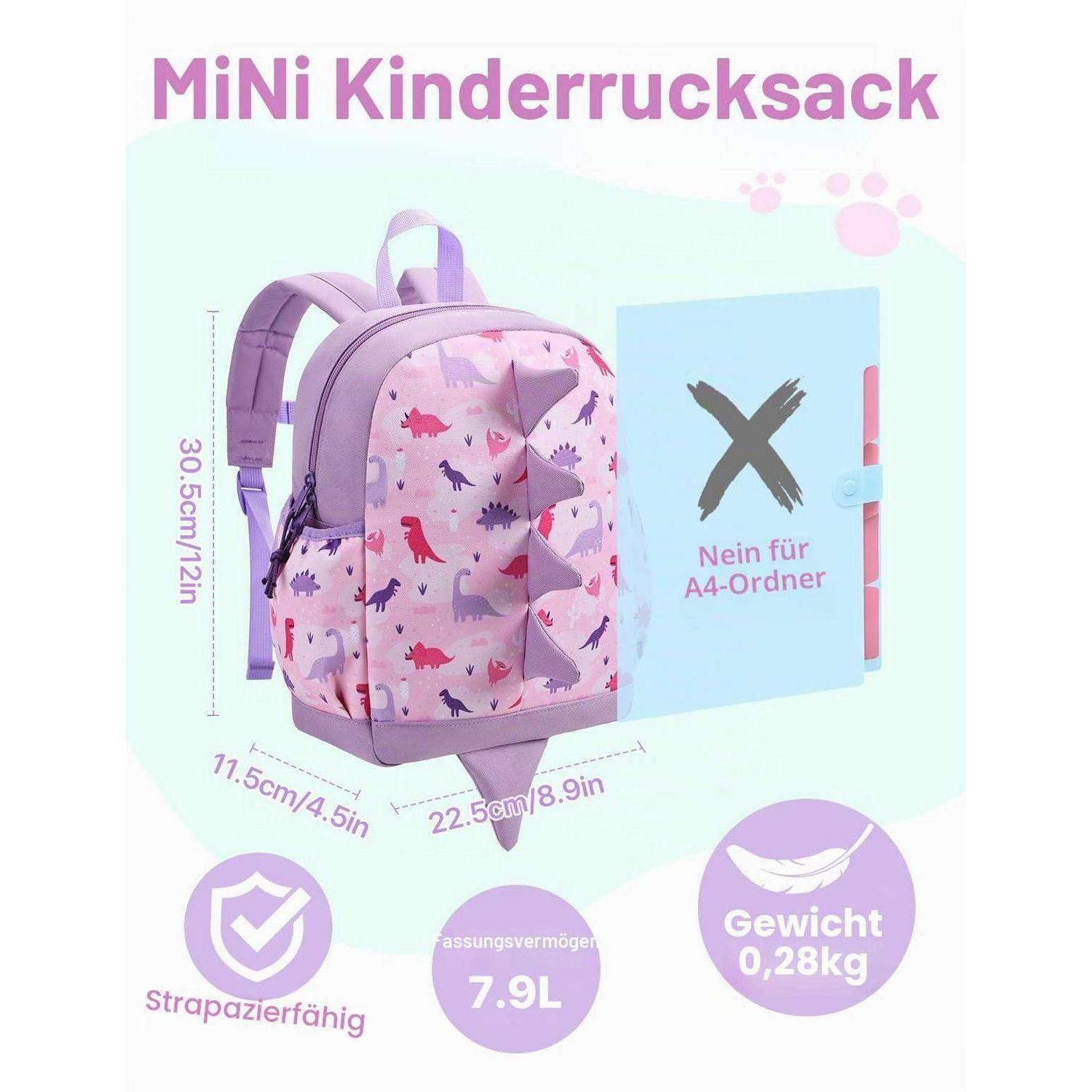 Produktbild eines kleinen rosa Kinderrucksacks mit Dinosaurier-Druck, gekennzeichnet mit 7,9 L, 0,28 kg, 30,5 cm Höhe und nicht geeignet für A4-Ordner.
