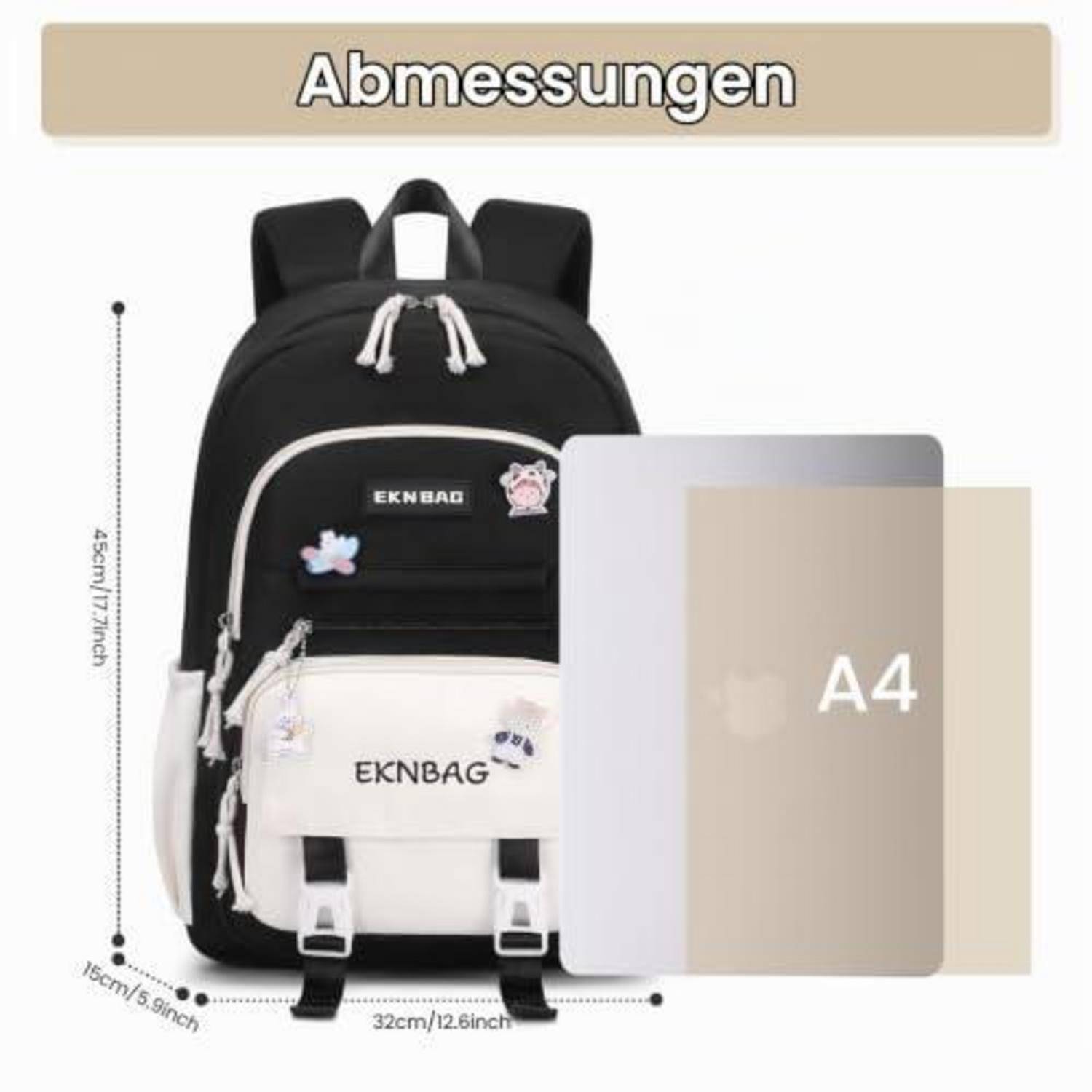 Abbildung eines schwarzweißen Rucksacks mit der Beschriftung "Abmessungen"" und Größenangaben: 45 cm hoch, 32 cm breit, 15 cm tief, sowie ein A4-Papier als Größenvergleich.