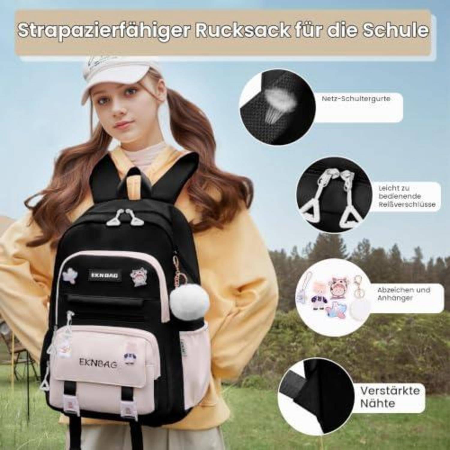 Werbebild eines Mädchens, das einen schwarzen Schulrucksack trägt, mit deutschen Beschriftungen, die die Netzschultergurte, benutzerfreundliche Reißverschlüsse, Verzierungen und verstärkte Nähte hervorheben.