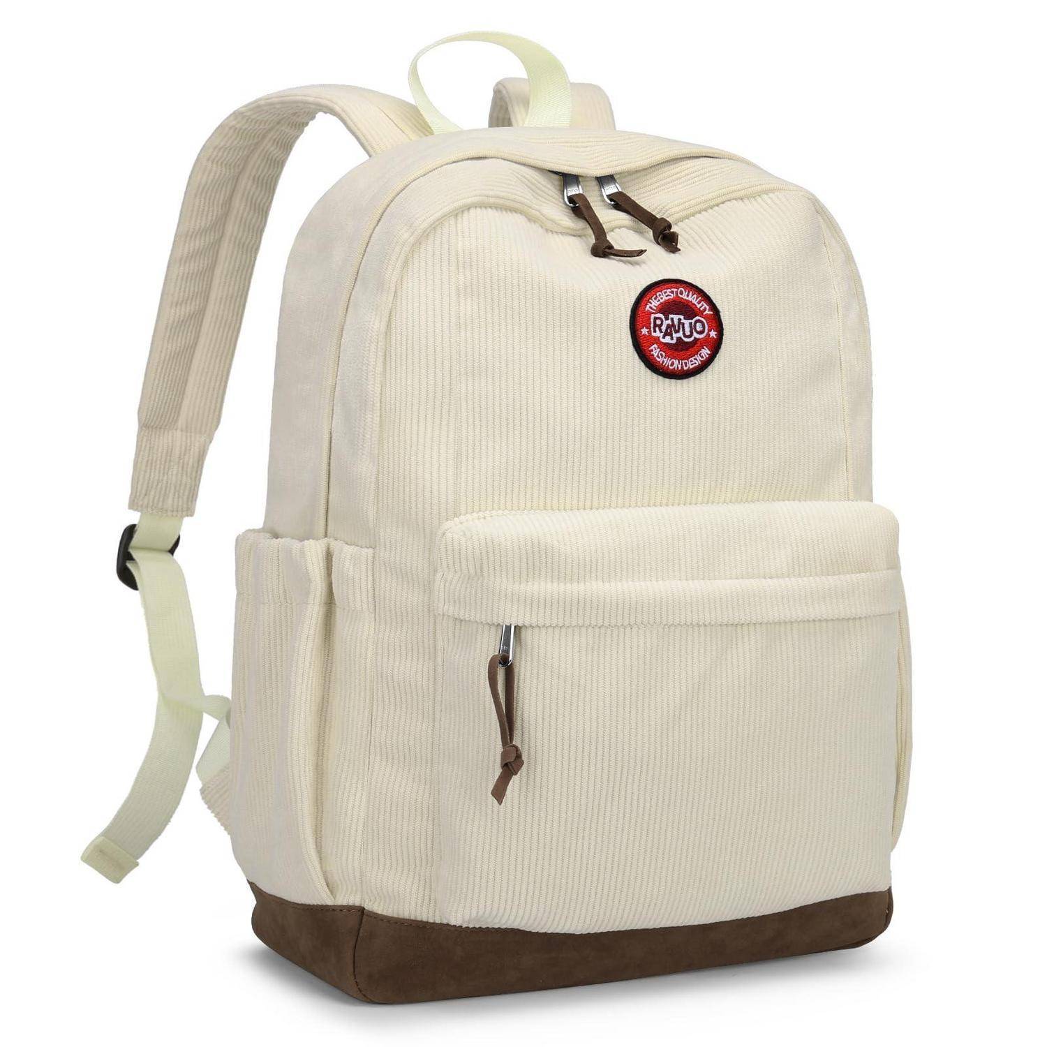 Beige Cordsamt-Rucksack mit vorderer Reißverschlusstasche, braunem Kantenbeschnitt und gepolsterten Schultergurten auf weißem Hintergrund.