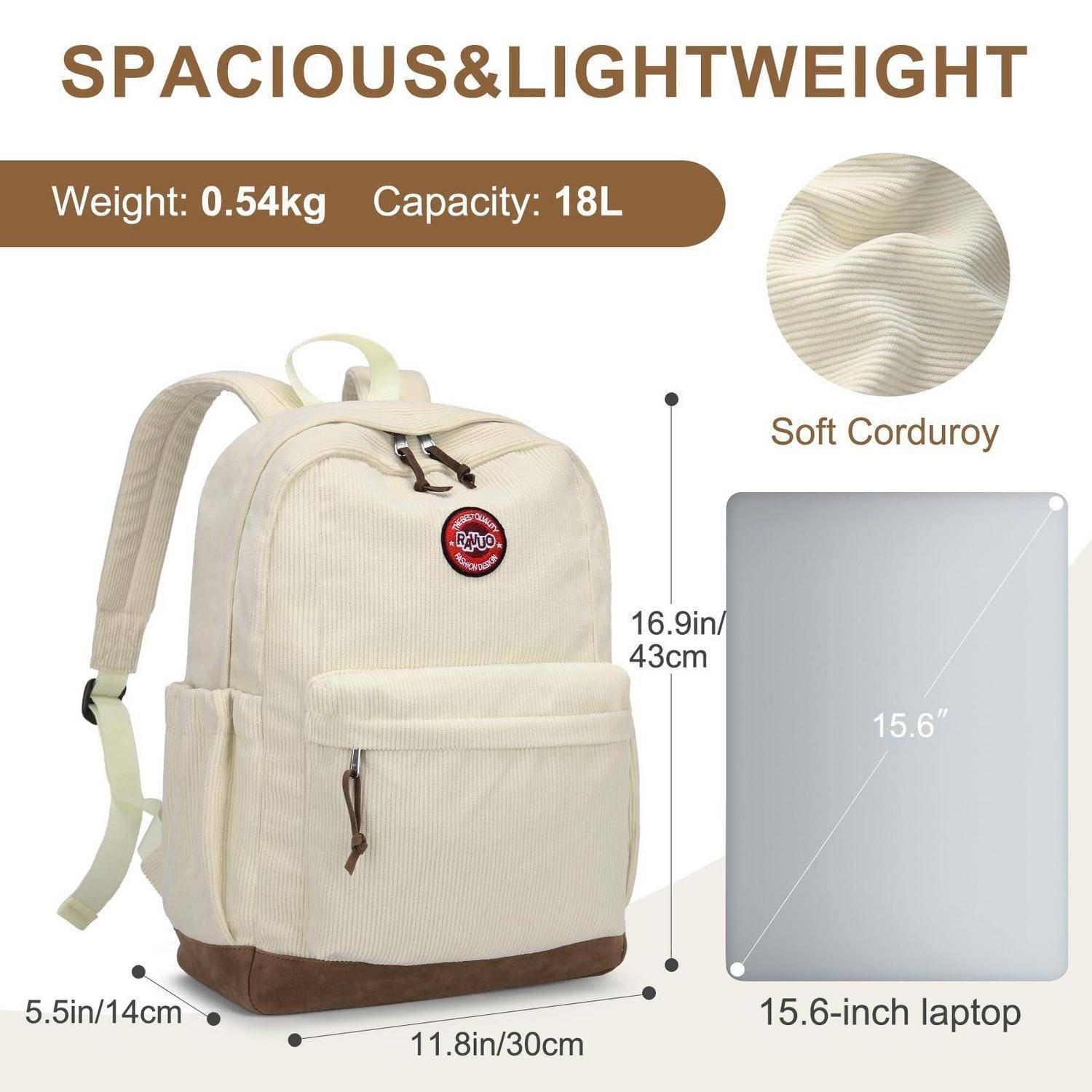 Werbeabbildung eines cremefarbenen Cordsamtrucksacks mit der Bezeichnung „SPACIOUS&LIGHTWEIGHT"; zeigt Gewicht 0,54 kg, Fassungsvermögen 18 l, passt für einen 15,6-Zoll-Laptop und listet die Abmessungen auf.