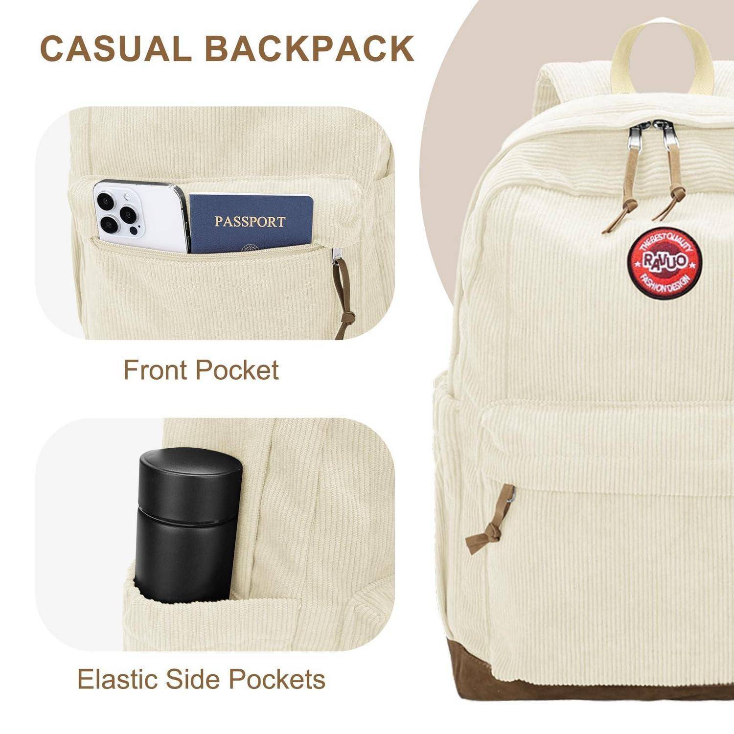 Produktgrafik eines cremefarbenen Casual-Rucksacks mit einer vorderen Tasche für Telefon und Reisepass, elastischen Seitentaschen und einem großen Hauptfach.
