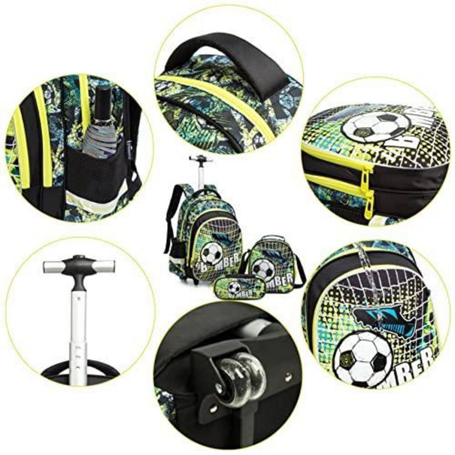 Fußball-Rucksack-Set mit Rollen bestehend aus Rucksack, Rollentasche, Lunchpaket und Federmäppchen, in Nahaufnahmen mit Kreisen, die Griff, Reißverschluss, Rollen und Tragegurt hervorheben.