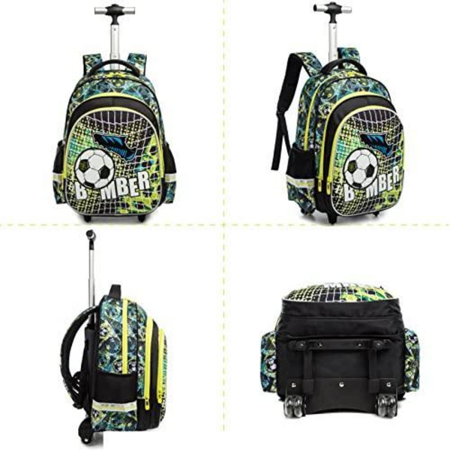 Vier Ansichten eines rollbaren Kinderrucksacks mit ausziehbarem Griff, Fußballdesign, Reißverschlusstasche vorne und Rädern am Boden.