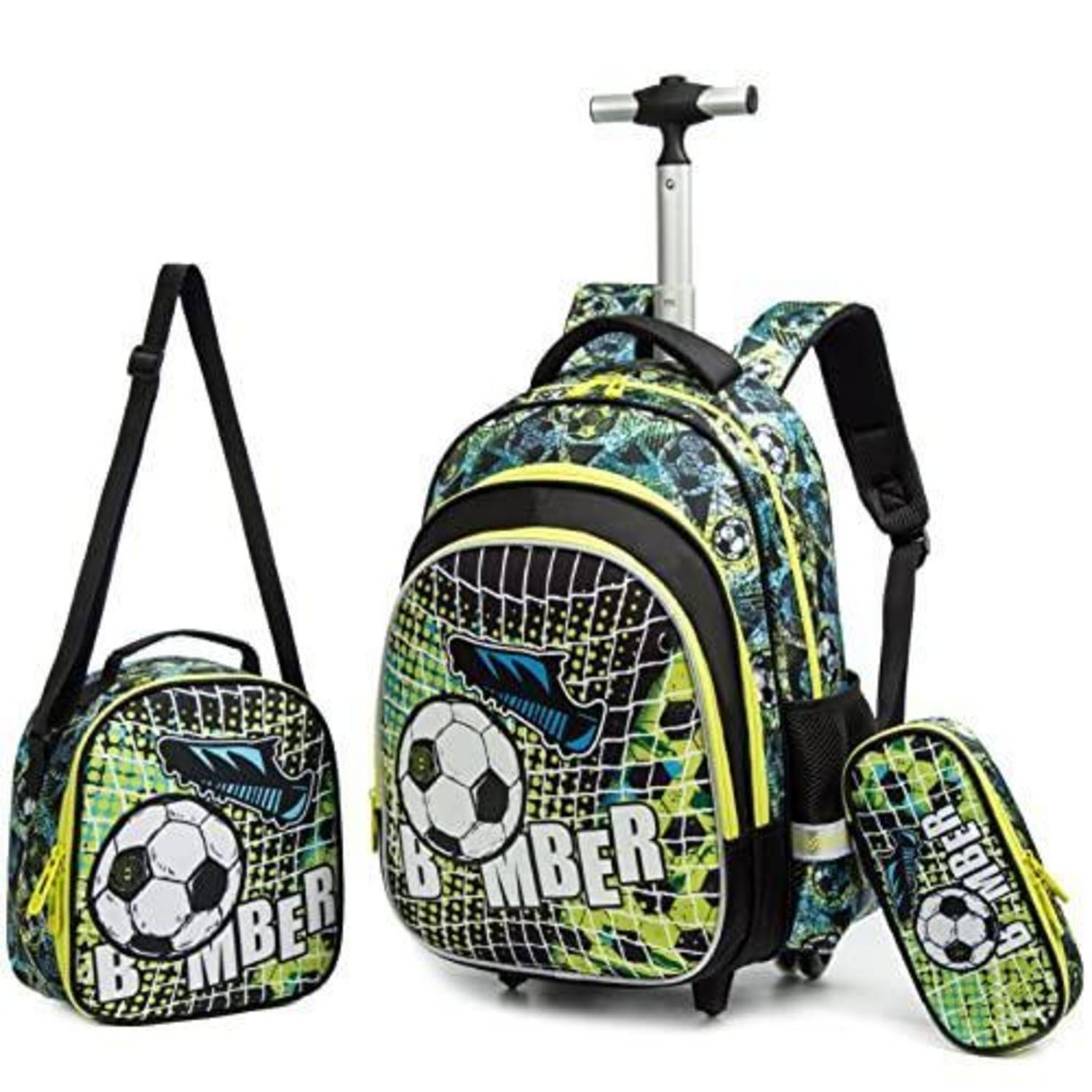 Kinderrucksack mit Rollen im Fußball-Design mit passender Lunchbox und Federmäppchen, mit Fußball und 
