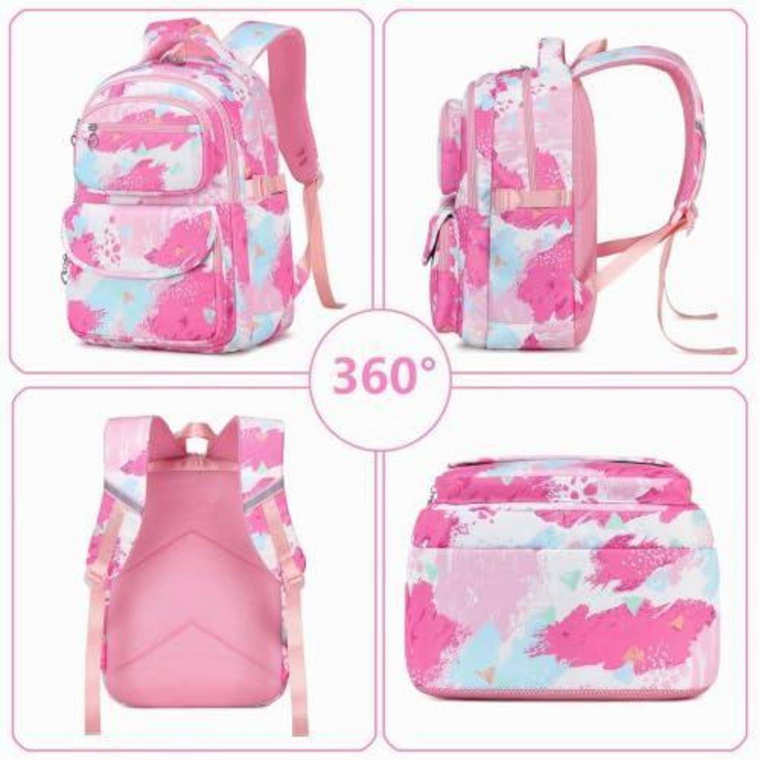 Rosafarbener Blumen-Rucksack in 360-Grad-Ansichten gezeigt, einschließlich Vorder-, Seiten-, Rück- und Oberseite.