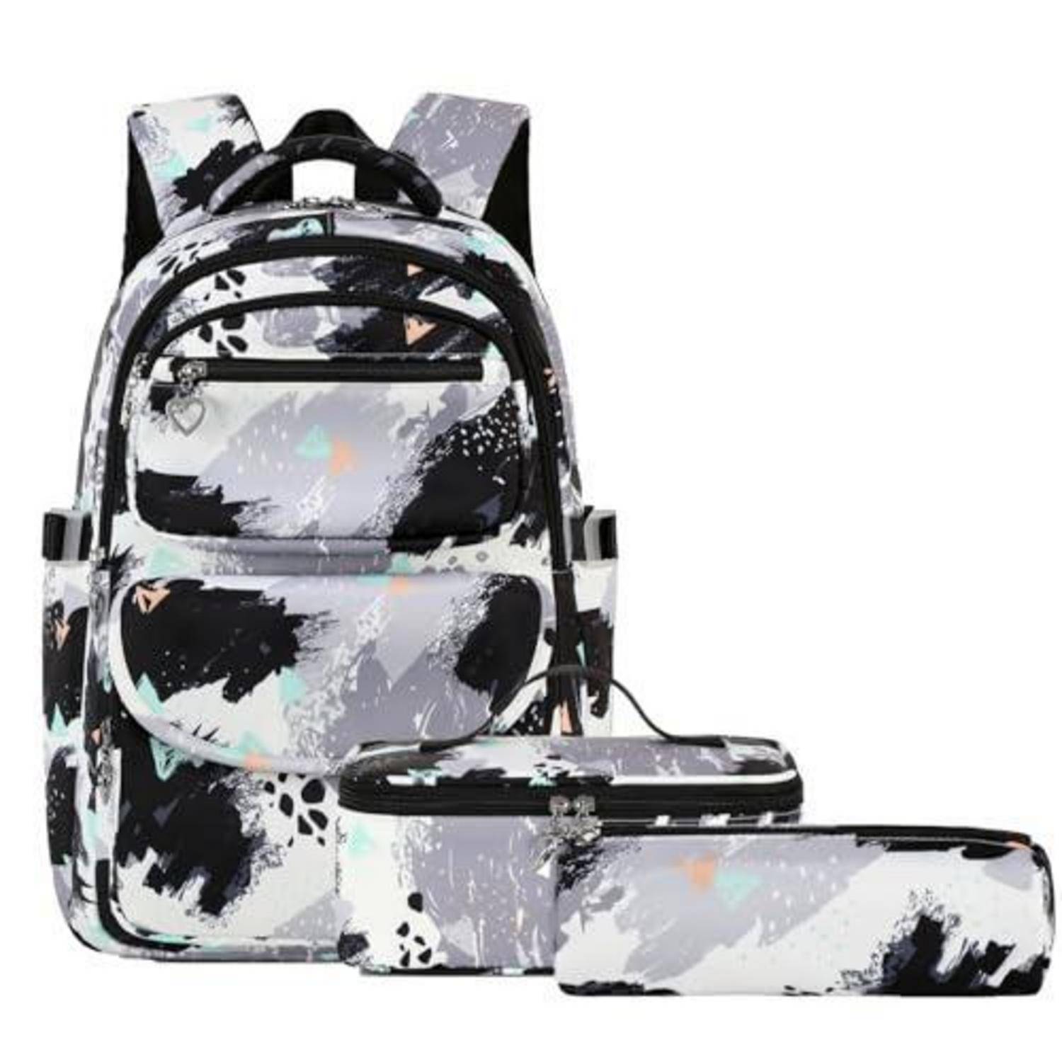Schwarzer und weißer abstrakter Druck-Rucksack mit vorderen Reißverschlusstaschen, gezeigt mit passender Lunchbox und Federmäppchen-Set.