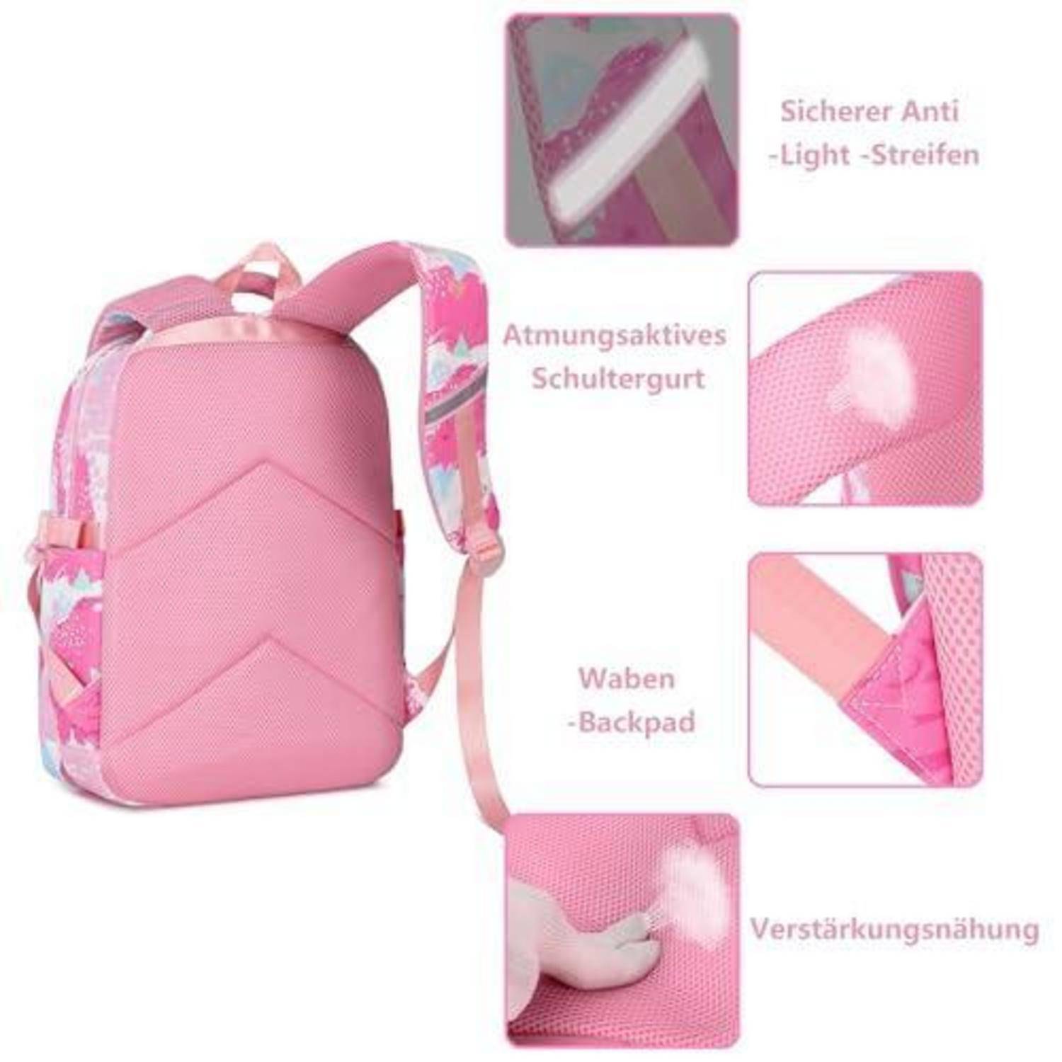 Rosa Kinderrucksack mit gekennzeichneten Funktionen: reflektierendes Sicherheitsband, atmungsaktive Schultergurte, Wabenschutzpolster auf der Rückseite und verstärkte Nähte.