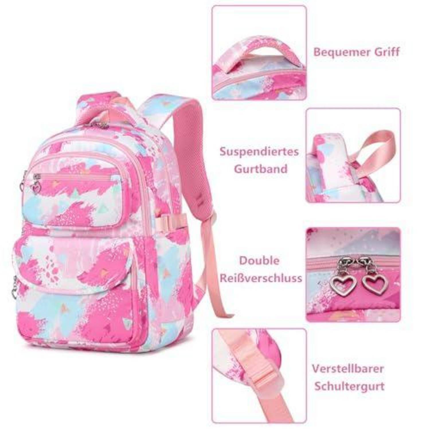 Rosa und blaues Blumen-Rucksack mit vorderen Taschen und Schultergurten, gezeigt mit Nahaufnahmen mit deutschen Bezeichnungen für Griff, Aufhängeriemen, Doppelreißverschluss und verstellbarer Schultergurt.