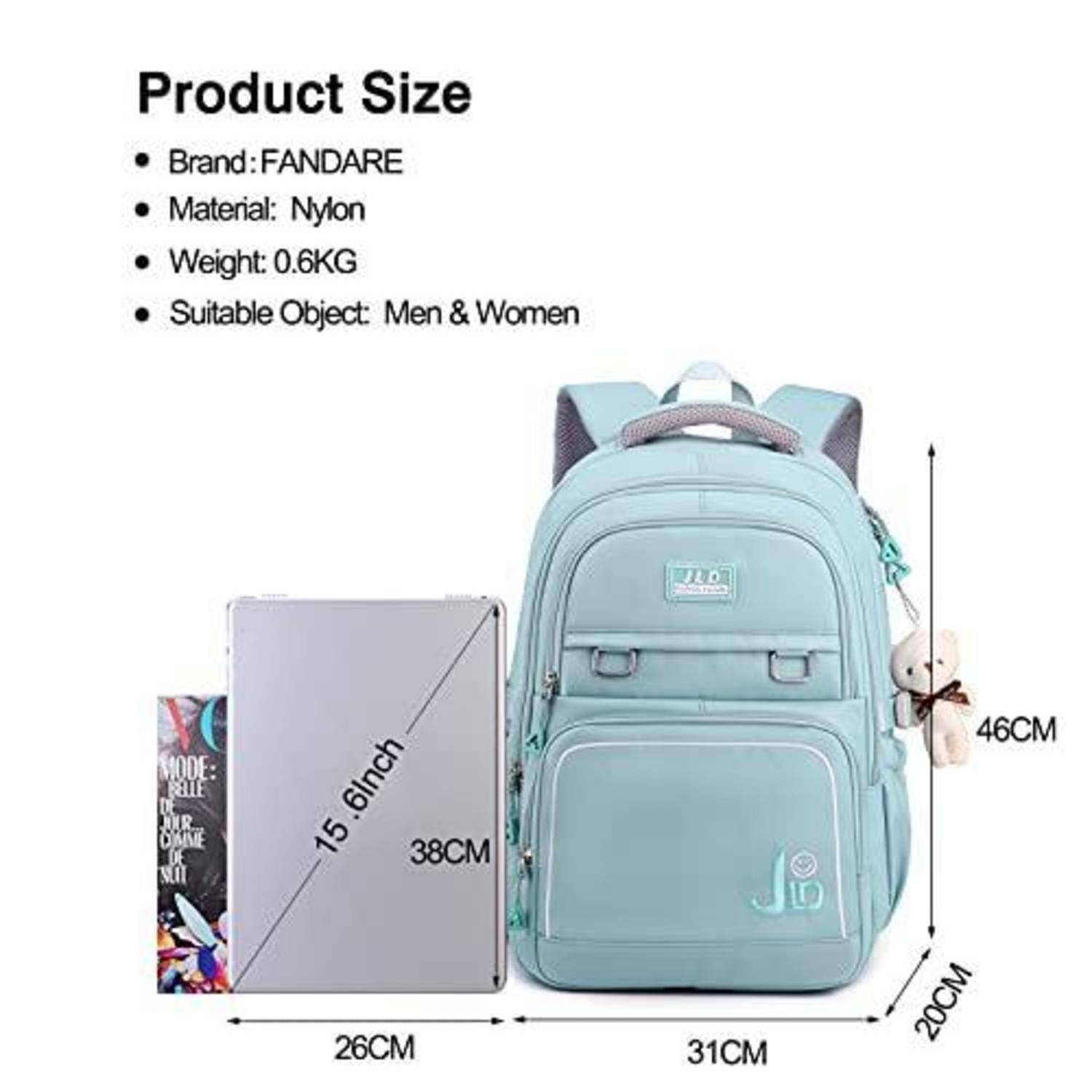 Größentabelle für einen hellblauen Rucksack: 46 cm hoch, 31 cm breit, 20 cm tief; passt für einen 15,6-Zoll-Laptop, Marke FANDARE, Nylon, 0,6 kg, für Herren und Damen.