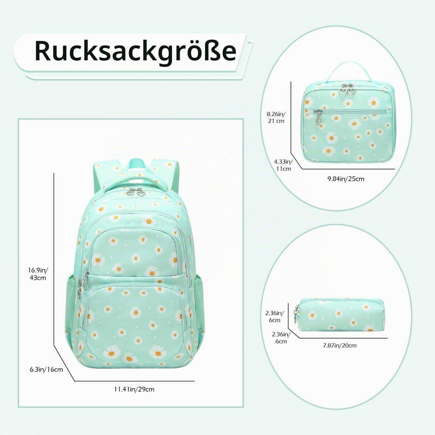 Größentabelle für einen mintfarbenen floralen Rucksack mit Vorder-, Seiten- und Draufsicht mit Abmessungen: 43 cm Höhe, 29 cm Breite, 16 cm Tiefe.