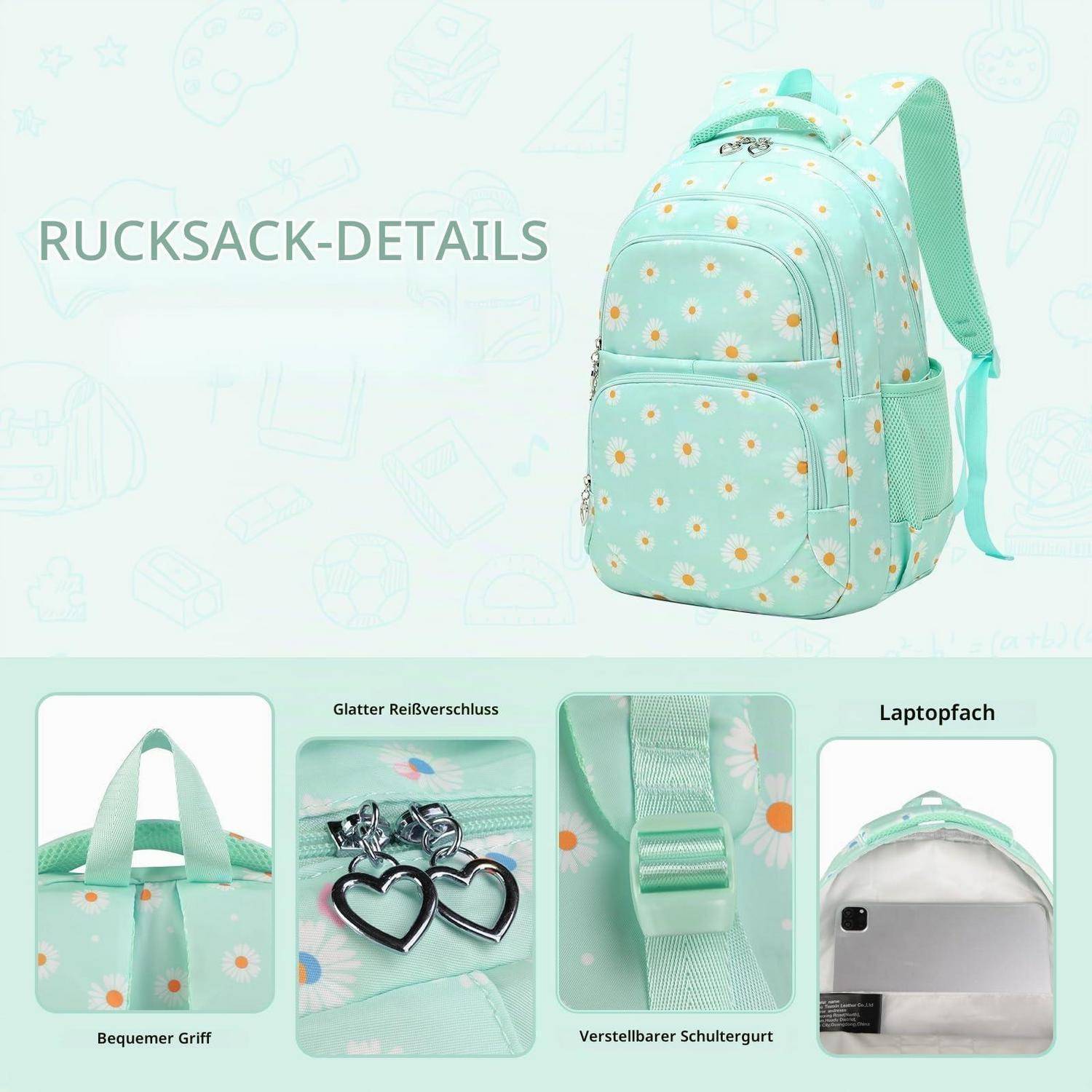 Minzgrüner Rucksack mit Gänseblümchenmuster und mehreren Details: komfortable Griffweise, sanfter Reißverschluss, verstellbarer Schultergurt und Laptop-Fach.